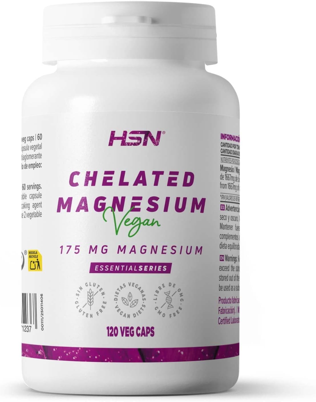 HSN Bisglicinato de Magnesio (350mg Mineral Elemental) | 120 Cápsulas Veganas | 100% Magnesio Glicinato de Alta Biodisponibilidad y Absorción | No-GMO, Vegano, Sin Gluten