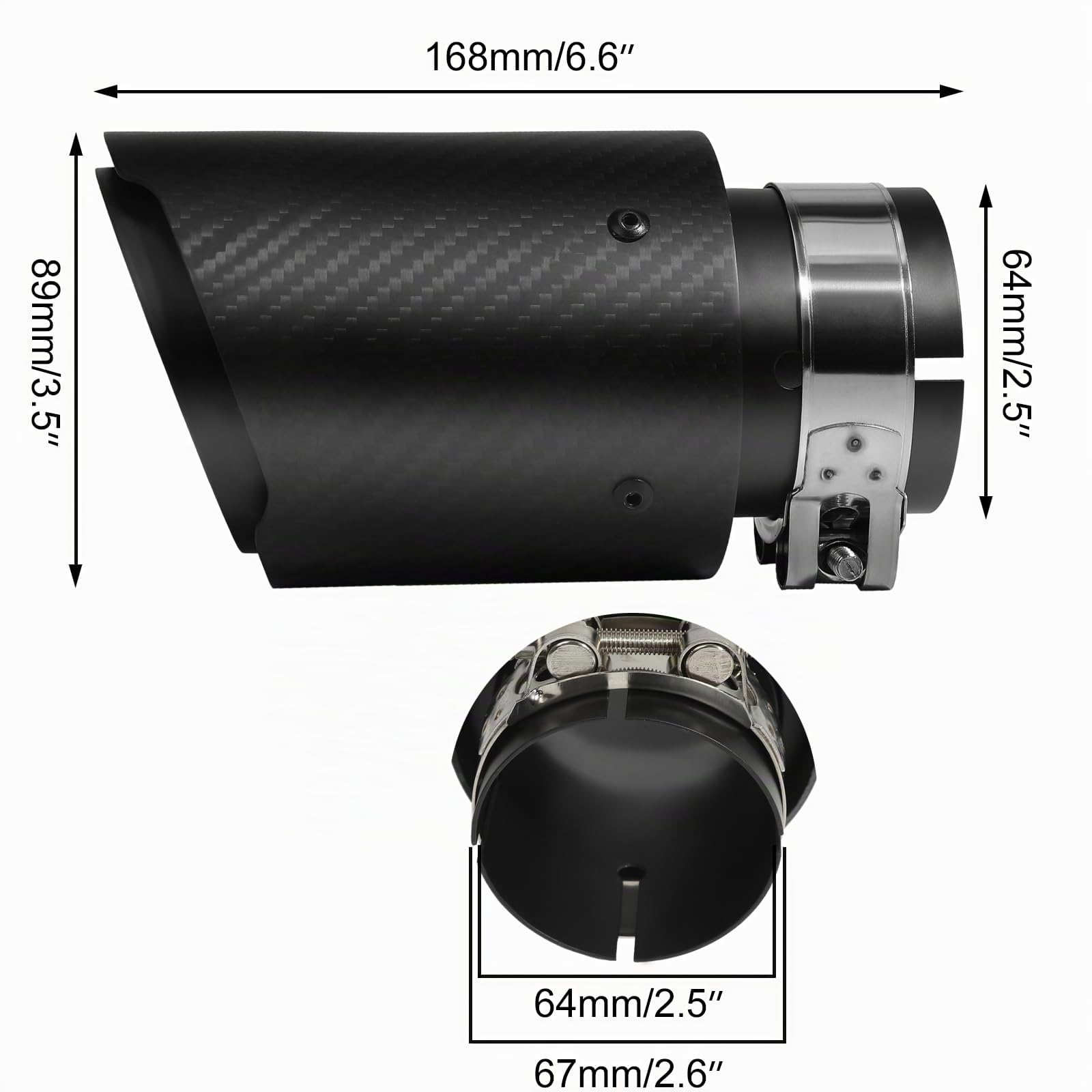 2.5'' Entrée Embout Échappement 3,5" Sortie Inox/Carbone Noir Mat | Fixation sans soudure/perçage|Réduit bruit échappement|Anti-rouille & durable|Intérieur poli miroir + bleu|Universelpour 63mm