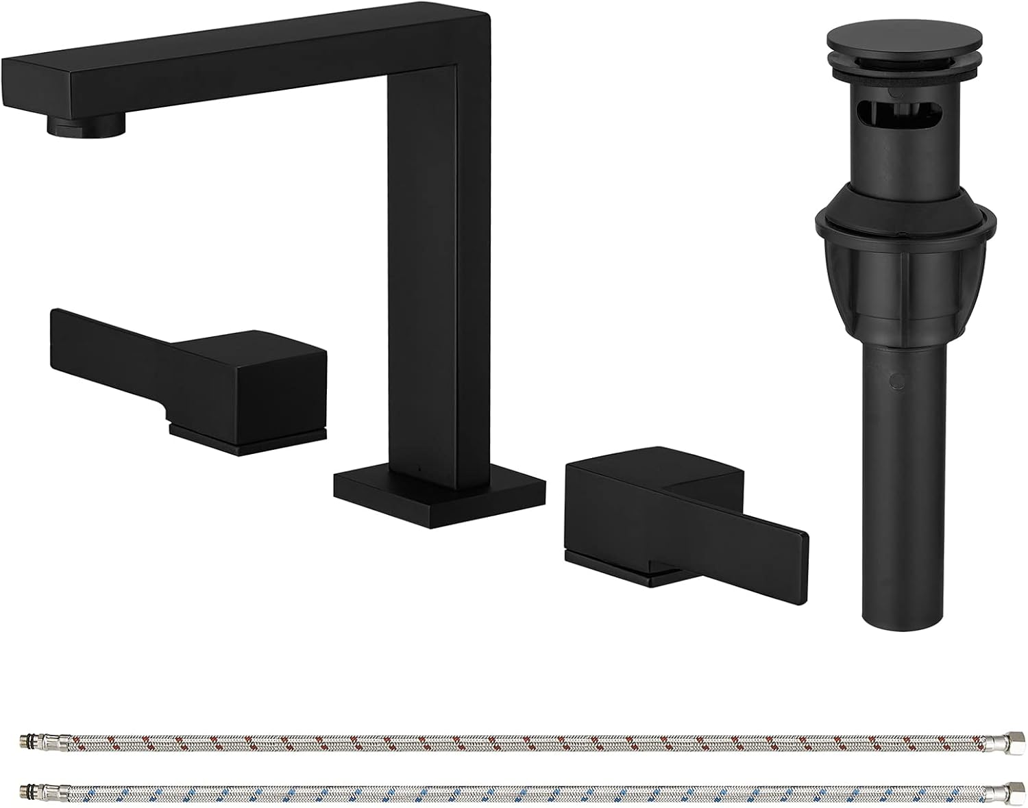 Black Bathroom Faucets for Sink 3 Hole | Two Handle Bathroom Sink Faucet with Pop Up Drain and Supply Hose | 8 inch Widespread Bathroom Faucet for RV Bath Vanity Black STR Spout-Faucet with ABS Drain