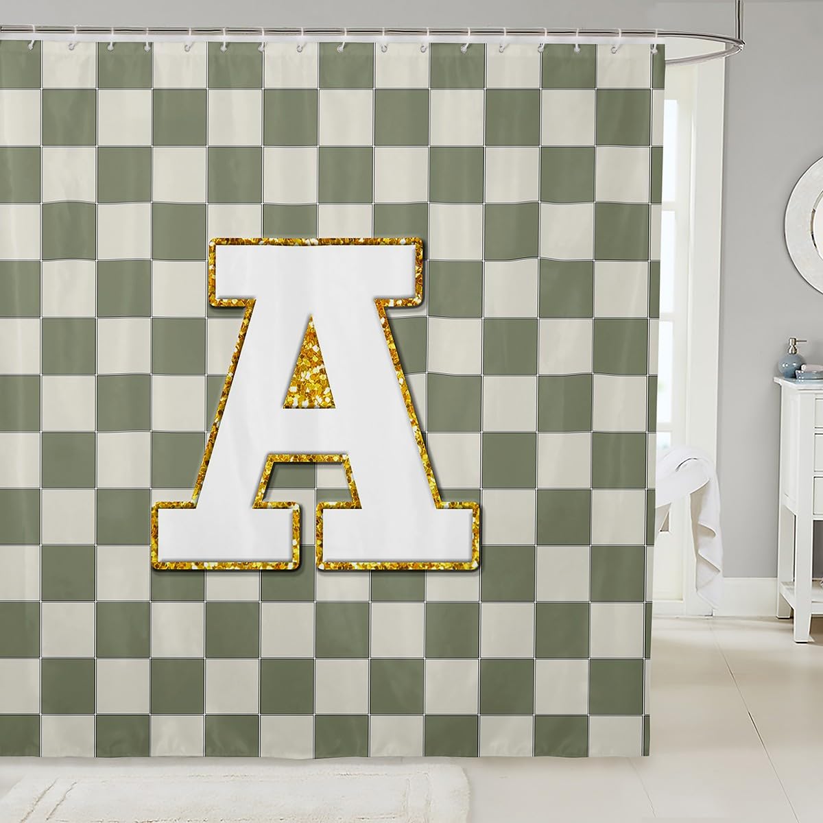 Erosebridal Sage Green Checkered Shower Curtain 72" Wx84 L Plaid Initial A Bathroom Curtain Personalized Monogram Bathroom Accessories for Kids Adults,Fashion Grids Gingham Shower Decor