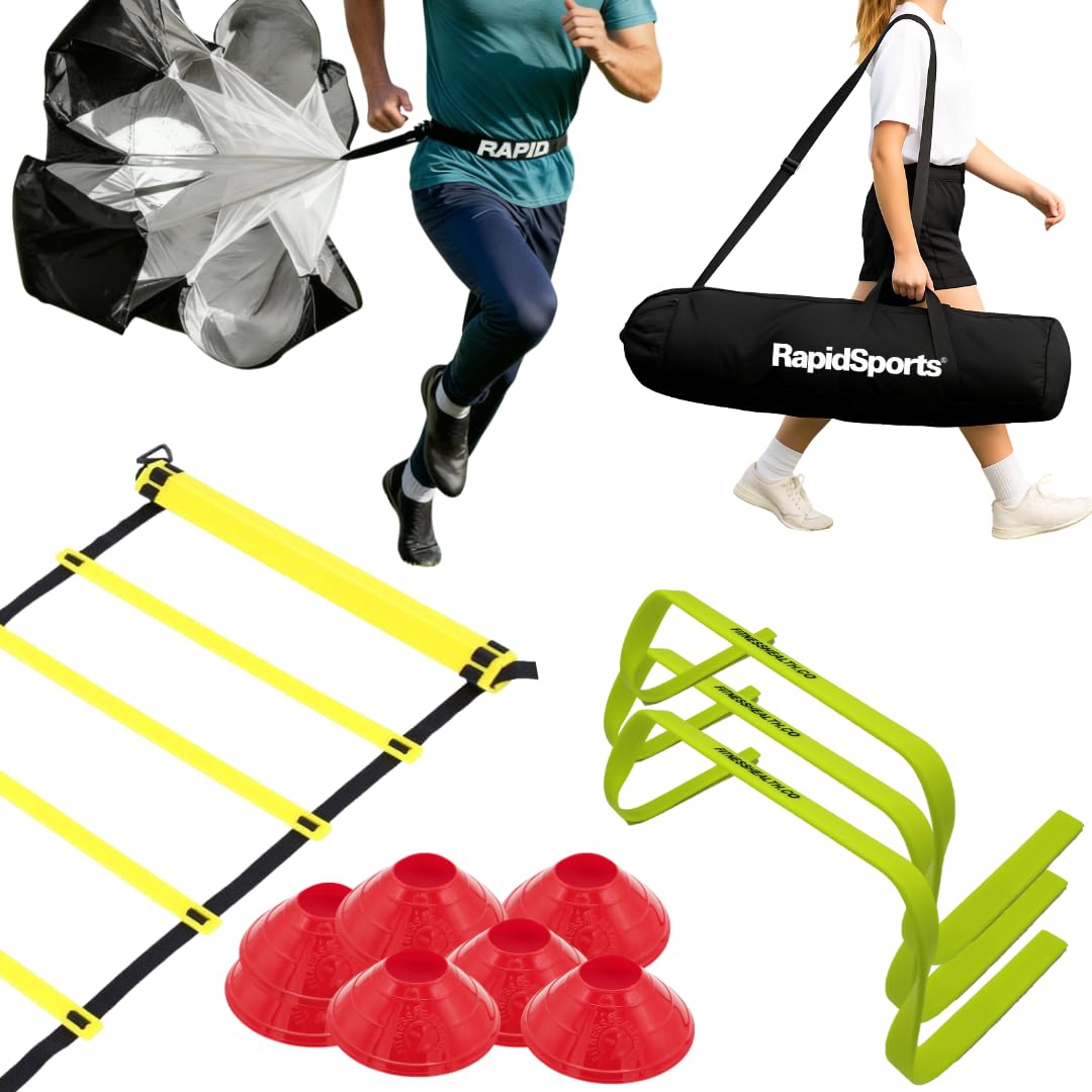 Fitness Health - Set di allenamento per atleti di velocità e agilità, scivolo di velocità, ostacoli, scala di agilità e coni sportivi, picchetti in metallo e borsa per il trasporto