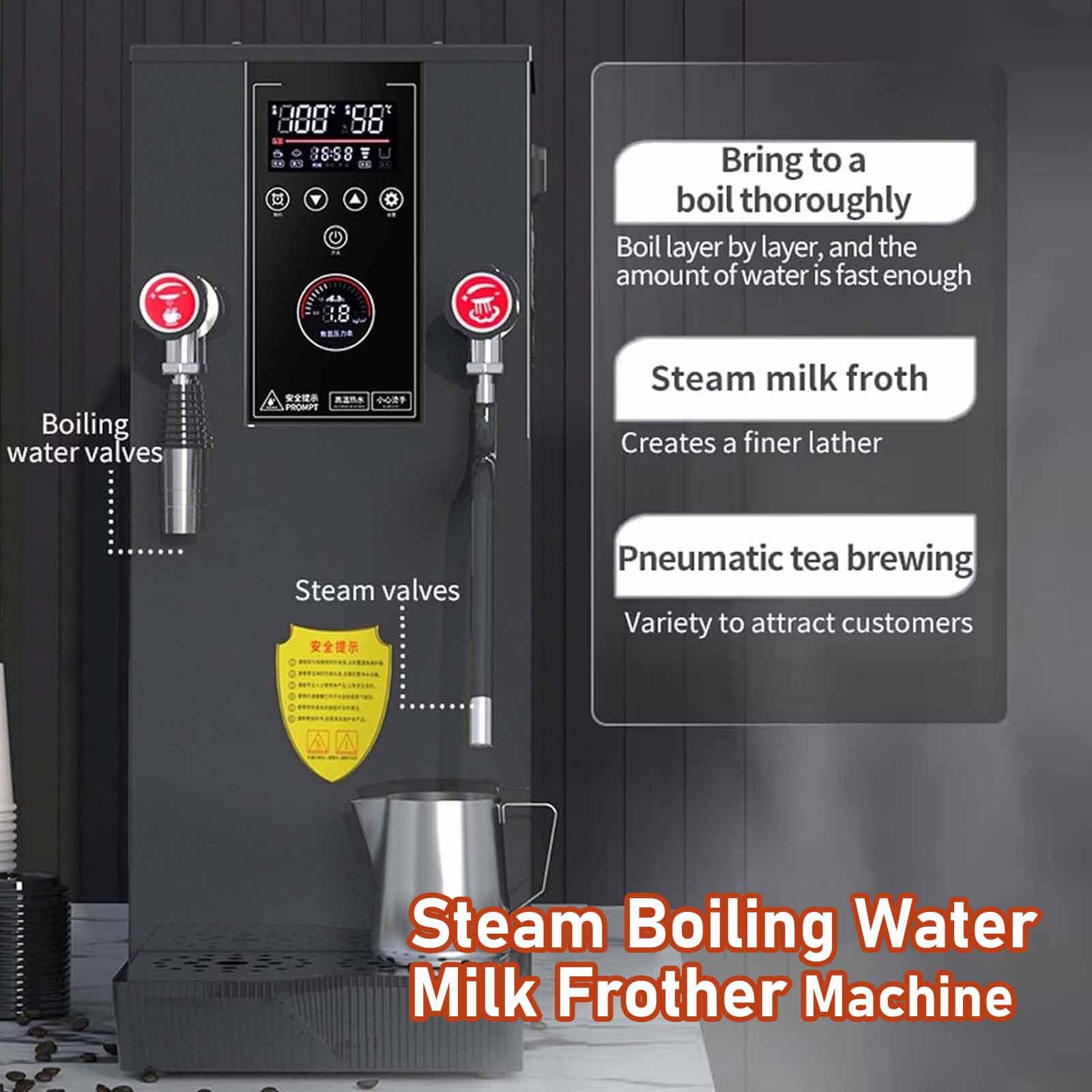 Espumador Leche Y Calentador Bebidas Comercial, Máquina Automática Agua Hirviendo A Vapor 12 litros con Panel De Visualización Led, Función De Temporizador, Acero Inoxidable