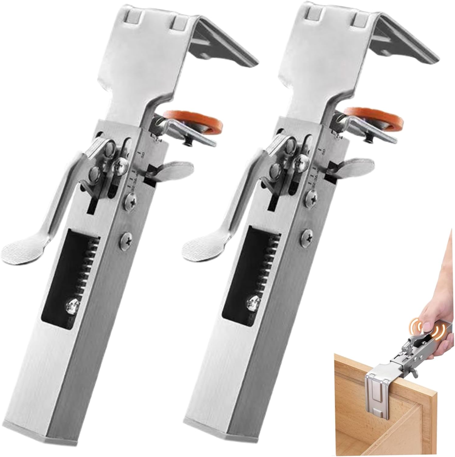 2PCS Drawer Front Installation Clamps, 21-50mm Adjustable Stainless Steel Drawer Fixing Clamp, Right Angle Slide Jig with Press Handle