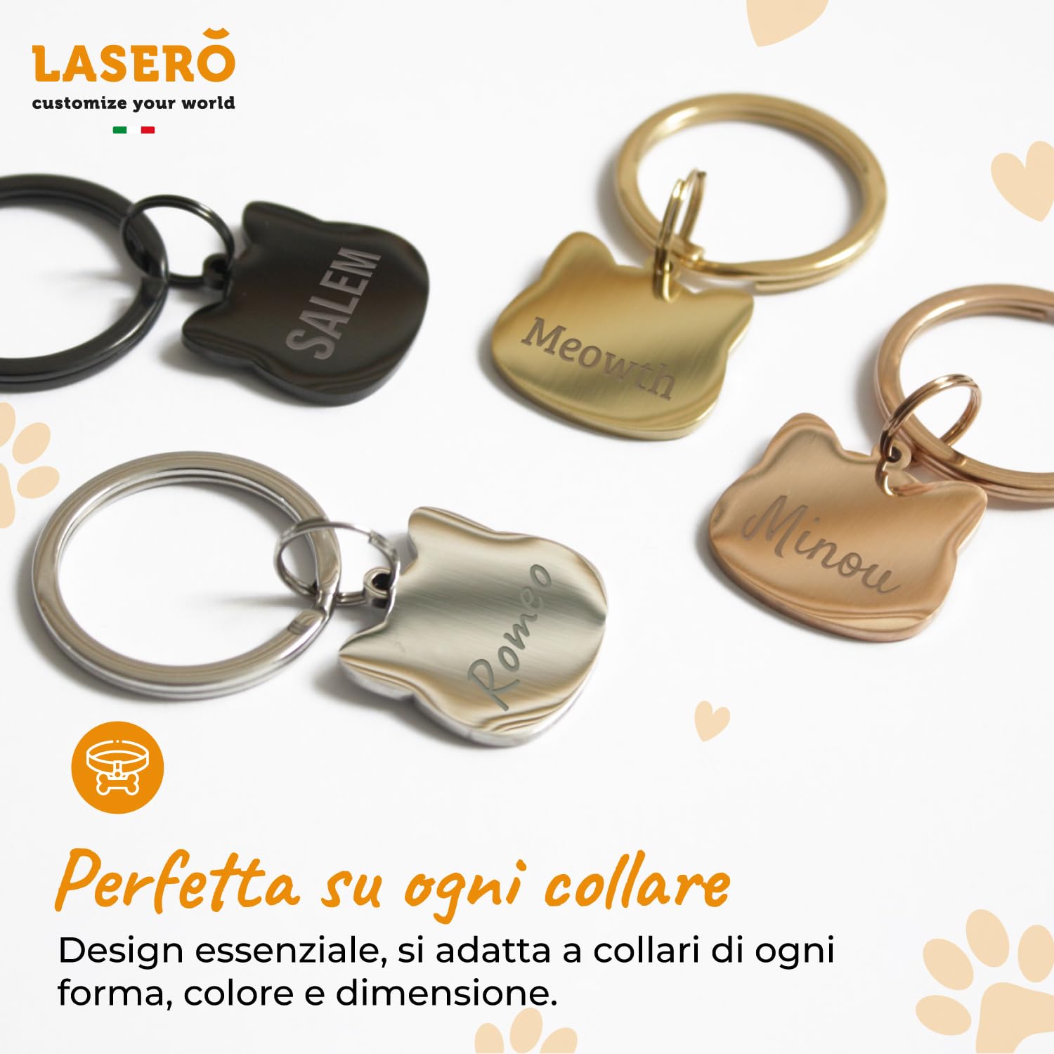 LASERO’ Medaglietta Gatto Personalizzata in Acciaio Lucido 2,5x2,5cm – Targhetta Gatto con Incisione Laser di Nome e Dati – 4 Colori (Rosa/Argento/Nero/Oro) – Targhetta Identificativa per Collare