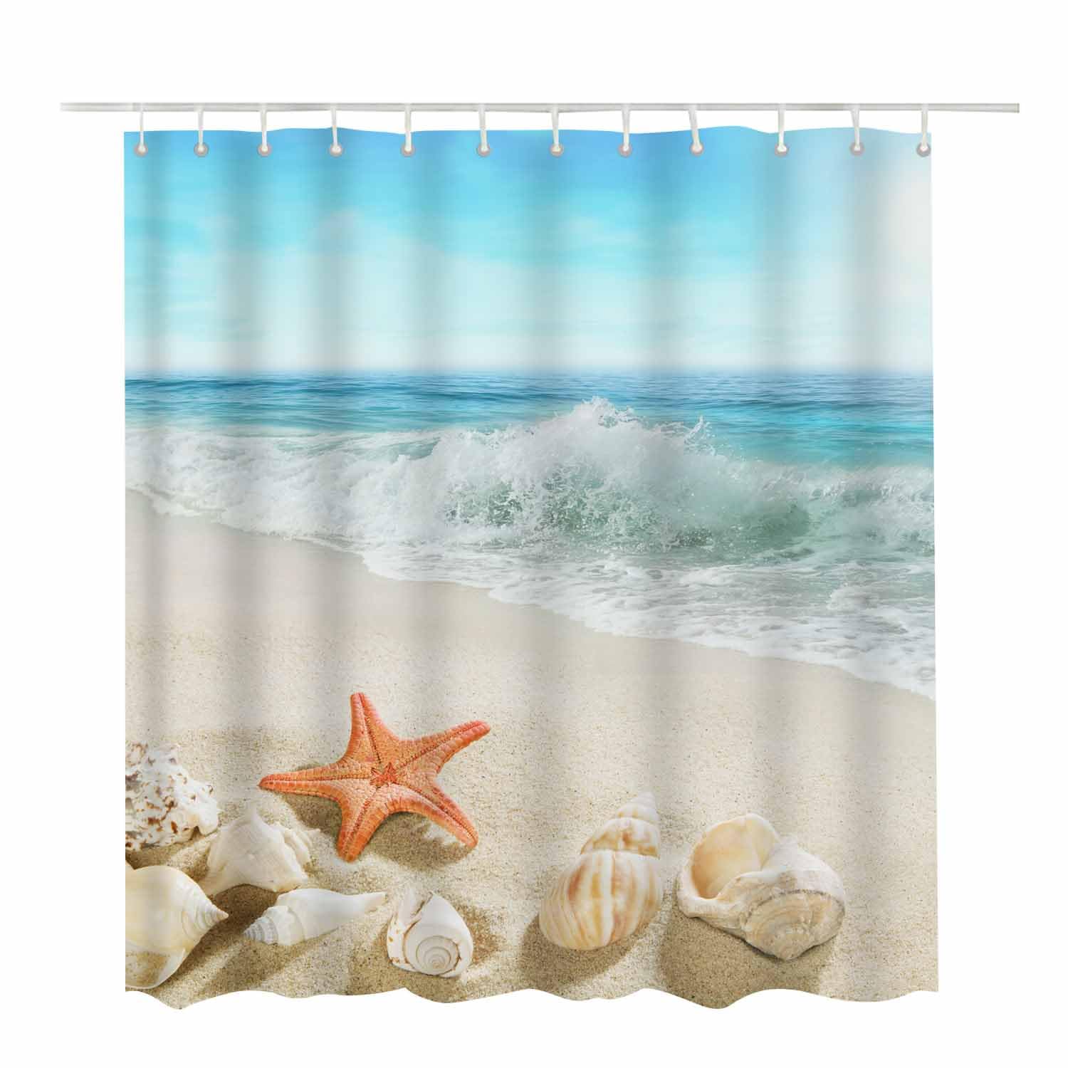 Woutay Shower Curtain Mould Proof Resistant Splashing Waves on The Beach,Water Repellant Fabric,Polyester,with 12 Plastic Hooks - Image 2