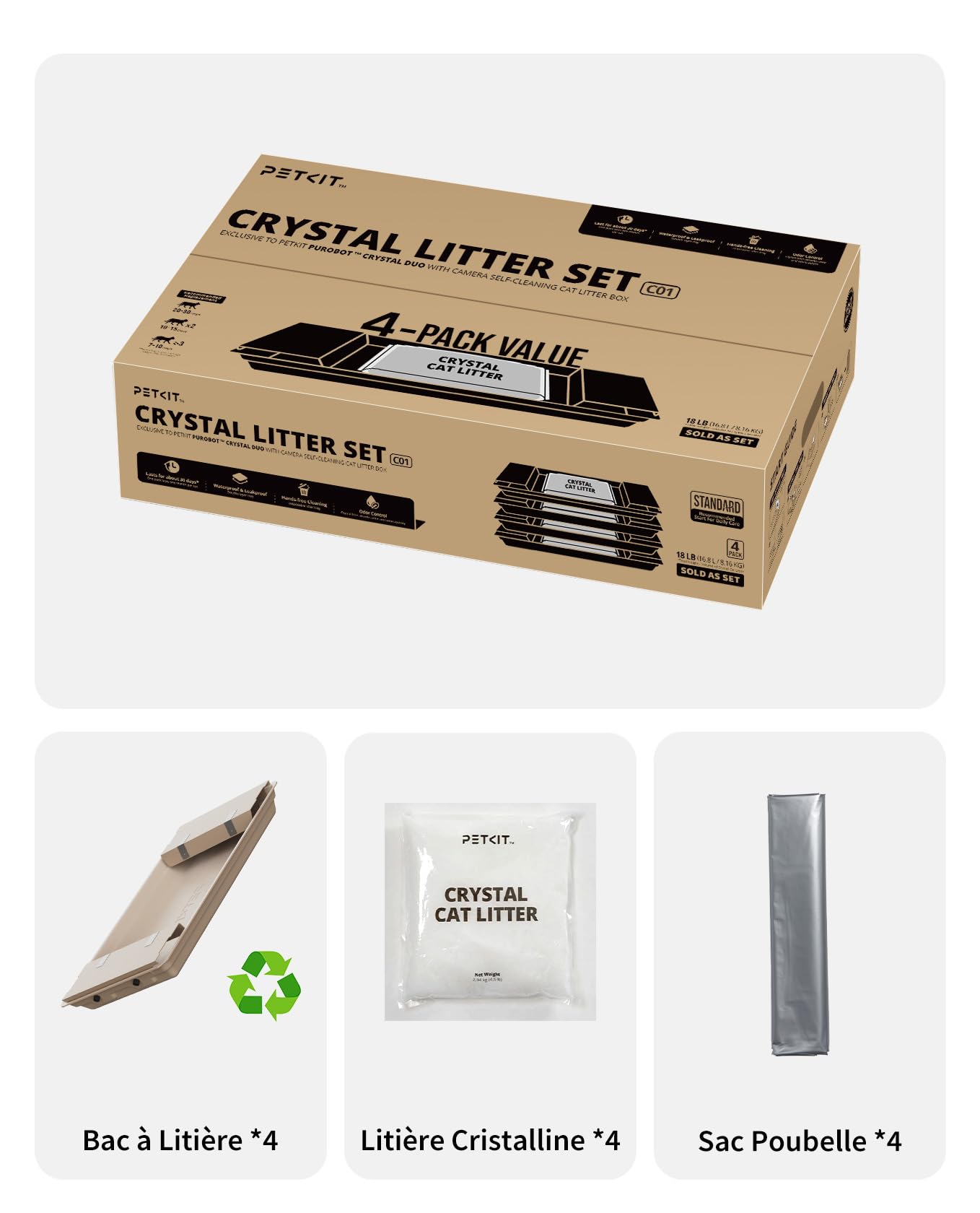 PETKIT Kit de Litière pour Chat en Cristal, Compatible avec PUROBOT Crystal Duo, 6X Désodorisante, 99% sans Poussière, Changement en 3 Étapes, Pas de Nettoyage (4 Pcs)