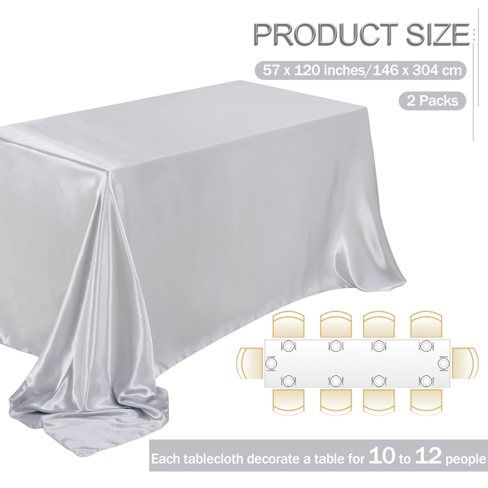 B-COOL Mantel de satén plateado: mantel de seda brillante para fiesta de boda, paquete de 2 paquetes de 59 x 120 pulgadas, rectangular, para mesa de Pascua, para vacaciones, bodas, fiestas, eventos