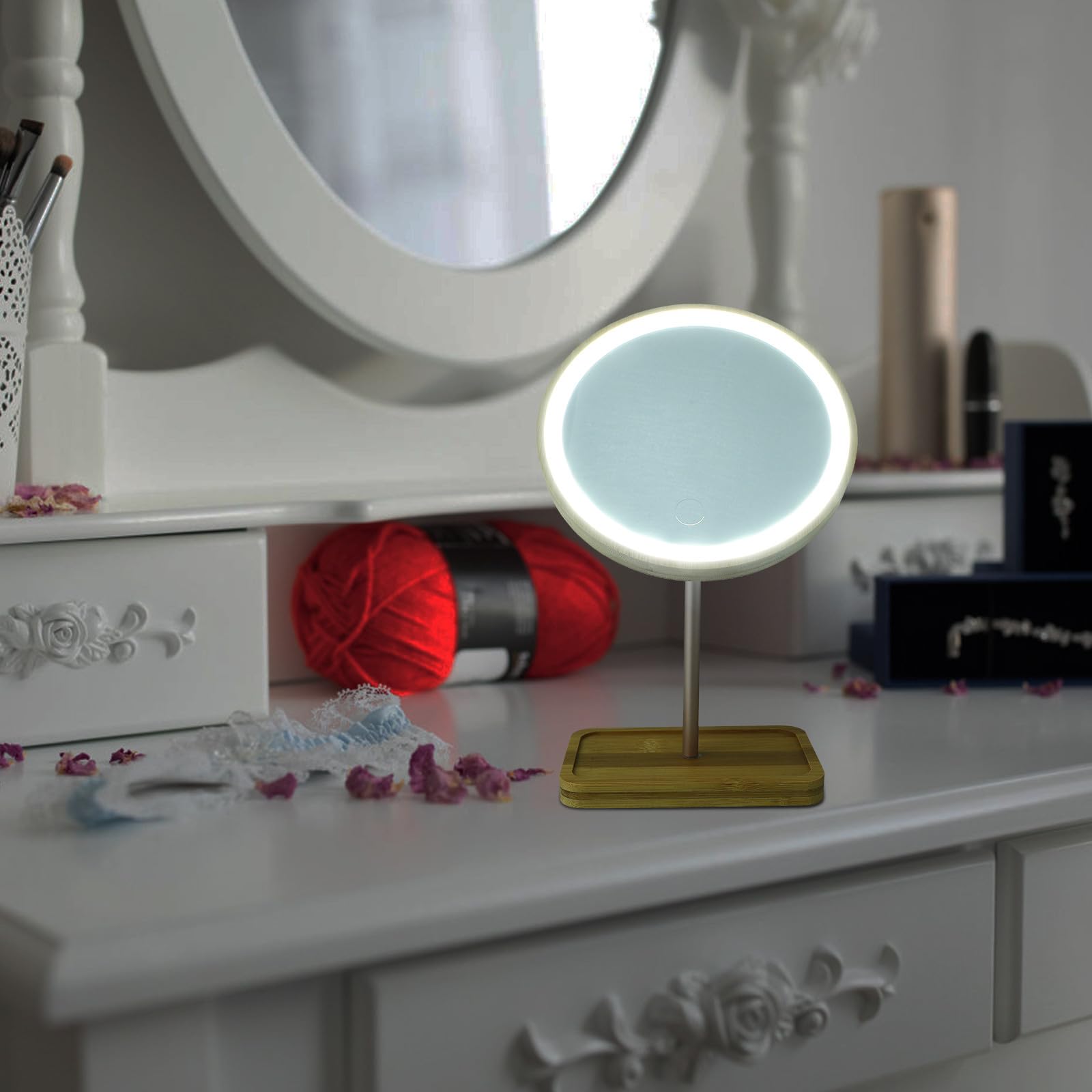 Angoily Miroir de Maquillage Rechargeable 1200ma Lumineux en Bois avec Lampe LED Intégrée et Plateau Style Moderne pour Coiffeuse et Plan de Salle de Bain