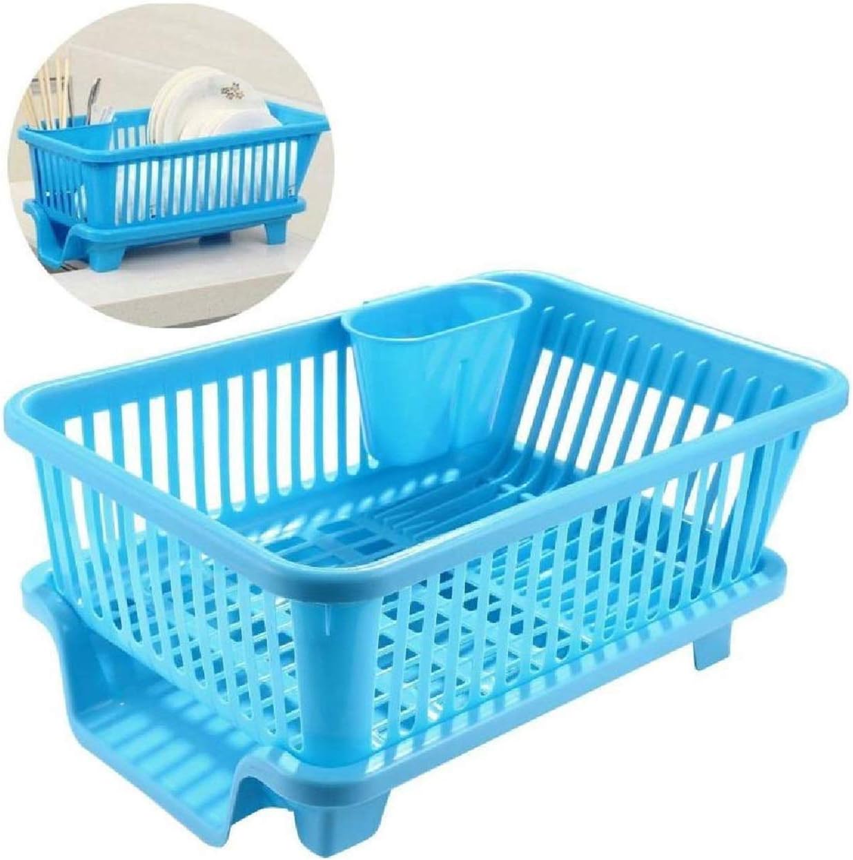 Kitchenwell 3 in 1 Large Durable Plastic Kitchen Sink Dish Rack Drainer Drying Rack Washing Basket with Tray for Kitchen, Dish Rack Organizers, Utensils Tools Cutlery (Blue, Pack of 1)