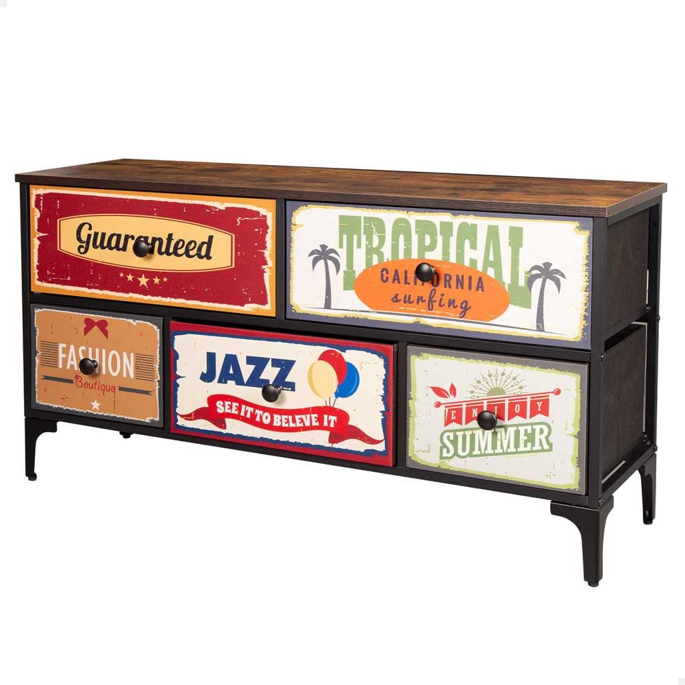 AKTIVE Max Home Comò multiuso per la camera da letto, Grafica retrò e vintage, 3 cassetti in tessuto leggero, 45x30x77 cm, Struttura in acciaio, Piano in legno