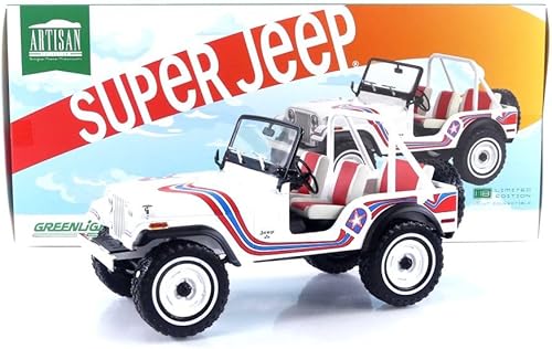 Miniatura 7 de Greenlight 1973 Jeep CJ-5 "Super Jeep Blanco con Gráficos Rojos y Azules Colección Artisan Serie 118 Modelo de Coche Fundido a Presión