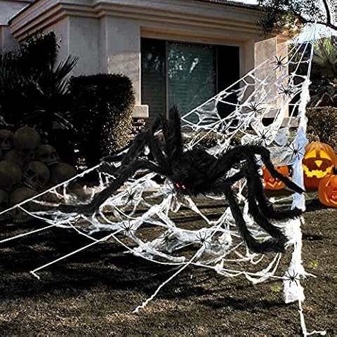 Halloween Decorations Outdoor 295'' Halloween Spider Web Decor 59'' Scary Giant Spider 100 Small Fake Spiders 40g Stretch Cobwebs Spider Webs Halloween Decorations for Outside Yard Garden Lawn Party Cover