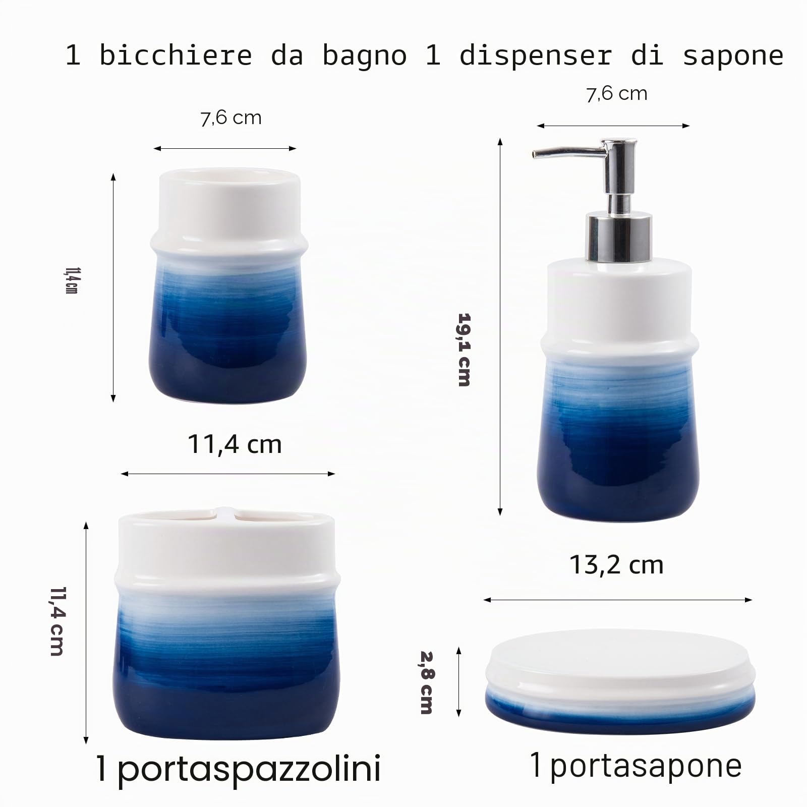 Set di accessori da bagno blu navy, 4 pezzi in ceramica blu, set di accessori decorativi per il bagno, contiene tazza spazzolino da denti, dispenser di sapone, portasapone, bicchiere