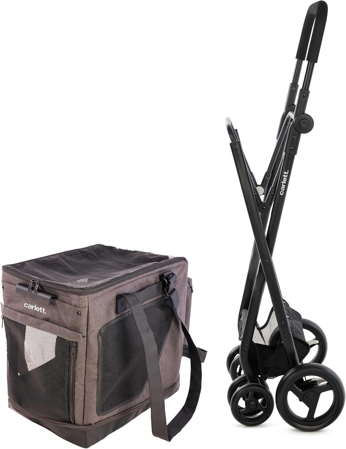 Carlett Chariot pour Animaux 3 en 1, Roues Pivotantes 360°, Résistant à l’Eau, Transporteur Compatible Siège Auto, Housse de Pluie et Sangle de Sécurité, Cube P, Gris