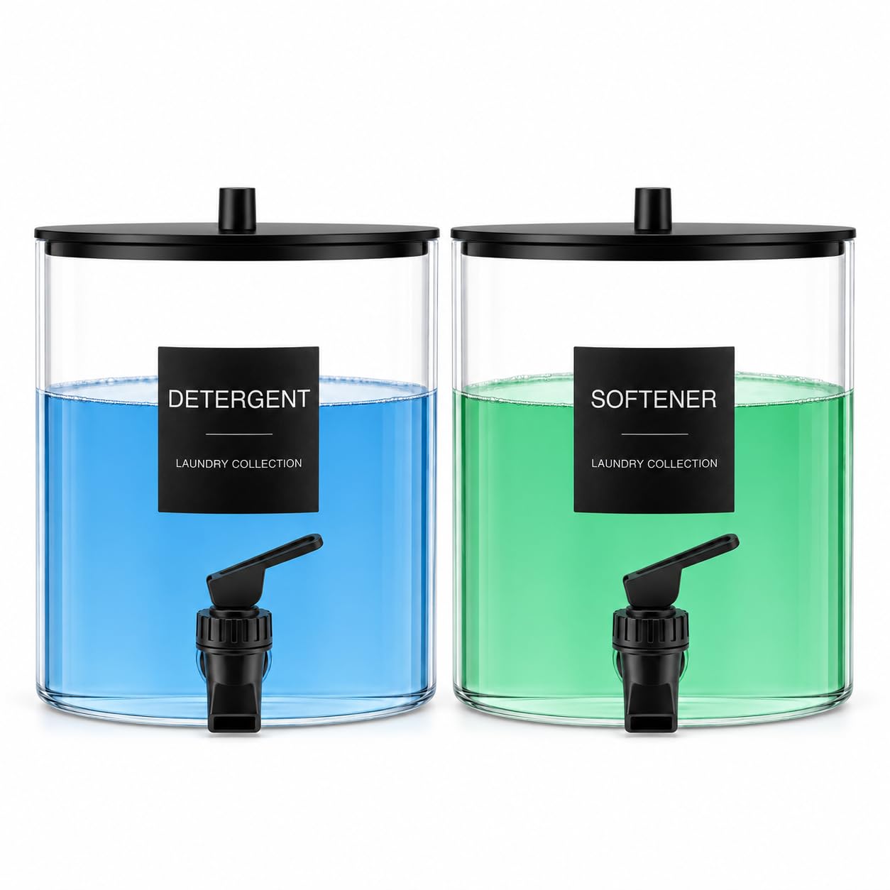 TIPGO Dispensador de detergente para ropa de vidrio de 1 galón con espiga, jabón líquido de 128 onzas y recipiente suavizante de tela, soporte de detergente de boca ancha con 6 etiquetas impermeables