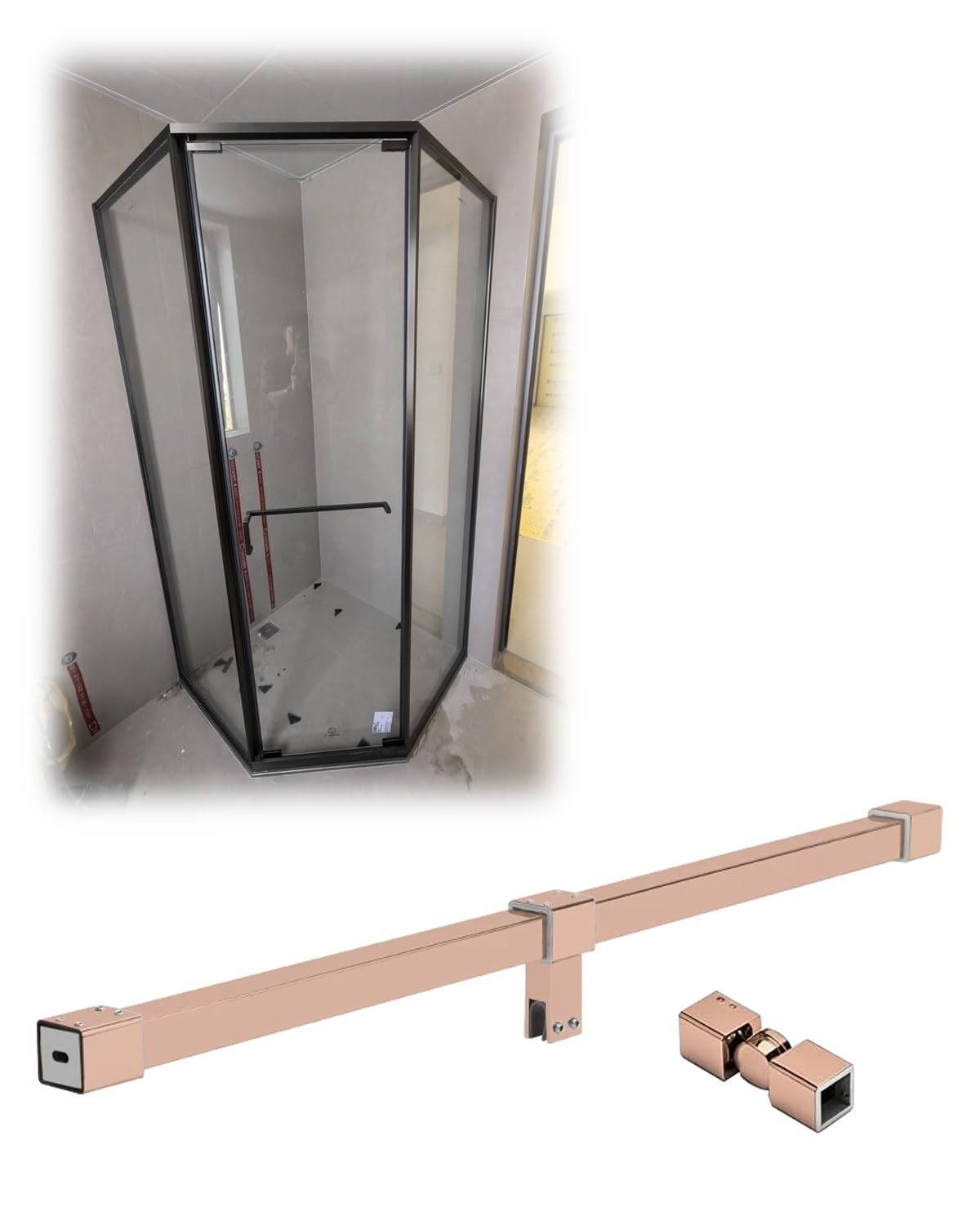 7- 78 in Shower Screen Support Bar with 360° Rotatable Brackets, Fixed Glass Panel Stabilizer Arm Fits 8-10mm Vitreous, Partition Brackets(Rose Gold,110cm/43in)