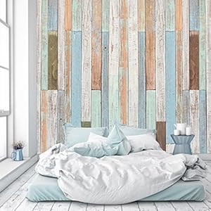 Fotobehang houtlook 274 x 254 cm inclusief plaksel hout pastel maritiem vintage houten wand planken lijsten 3D used look…