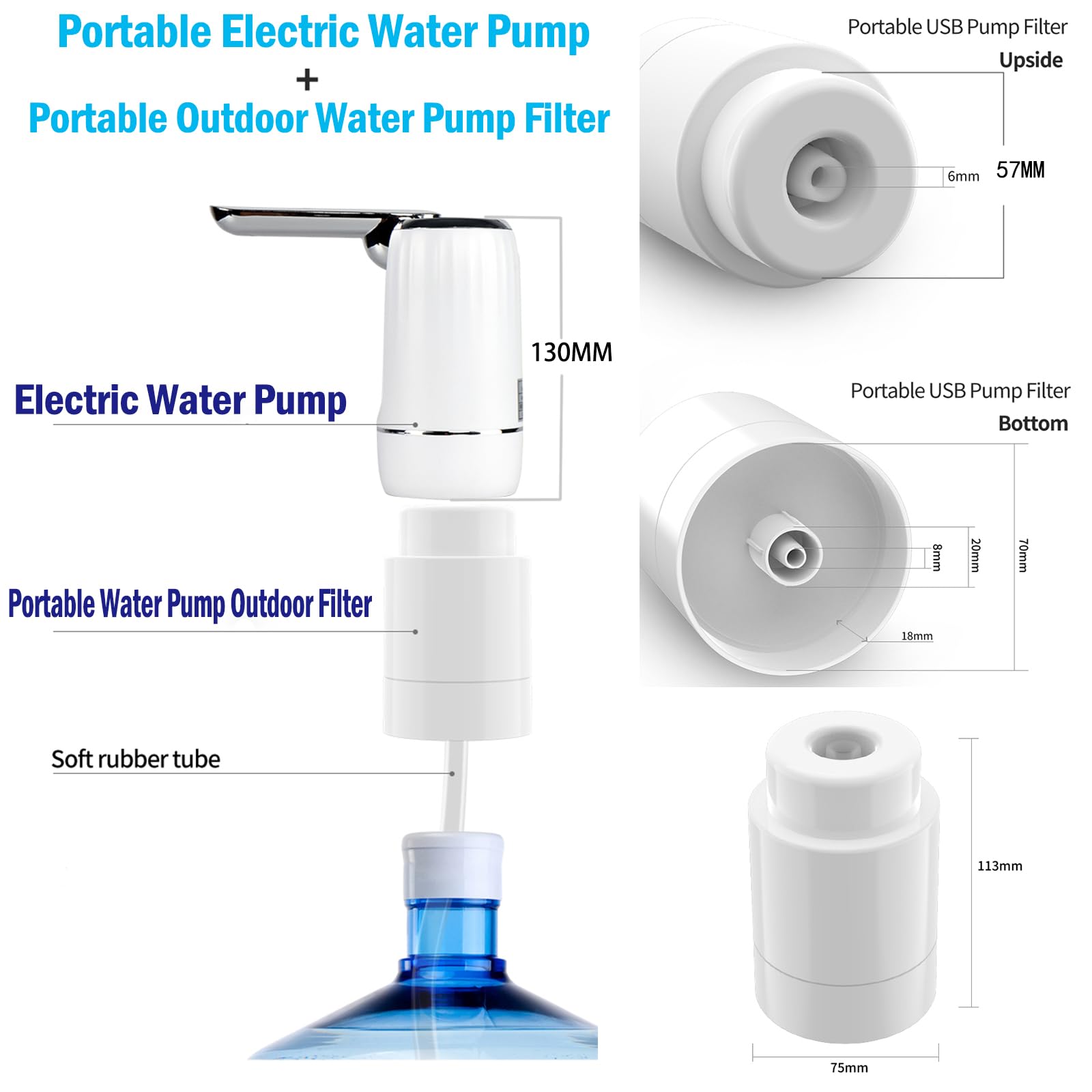CoolWAY Filtro de bomba eléctrica para botella de galón, dispensador de agua portátil para camping, al aire libre, hogar y oficina, dispensador de jarra de agua de 5 galones con filtro