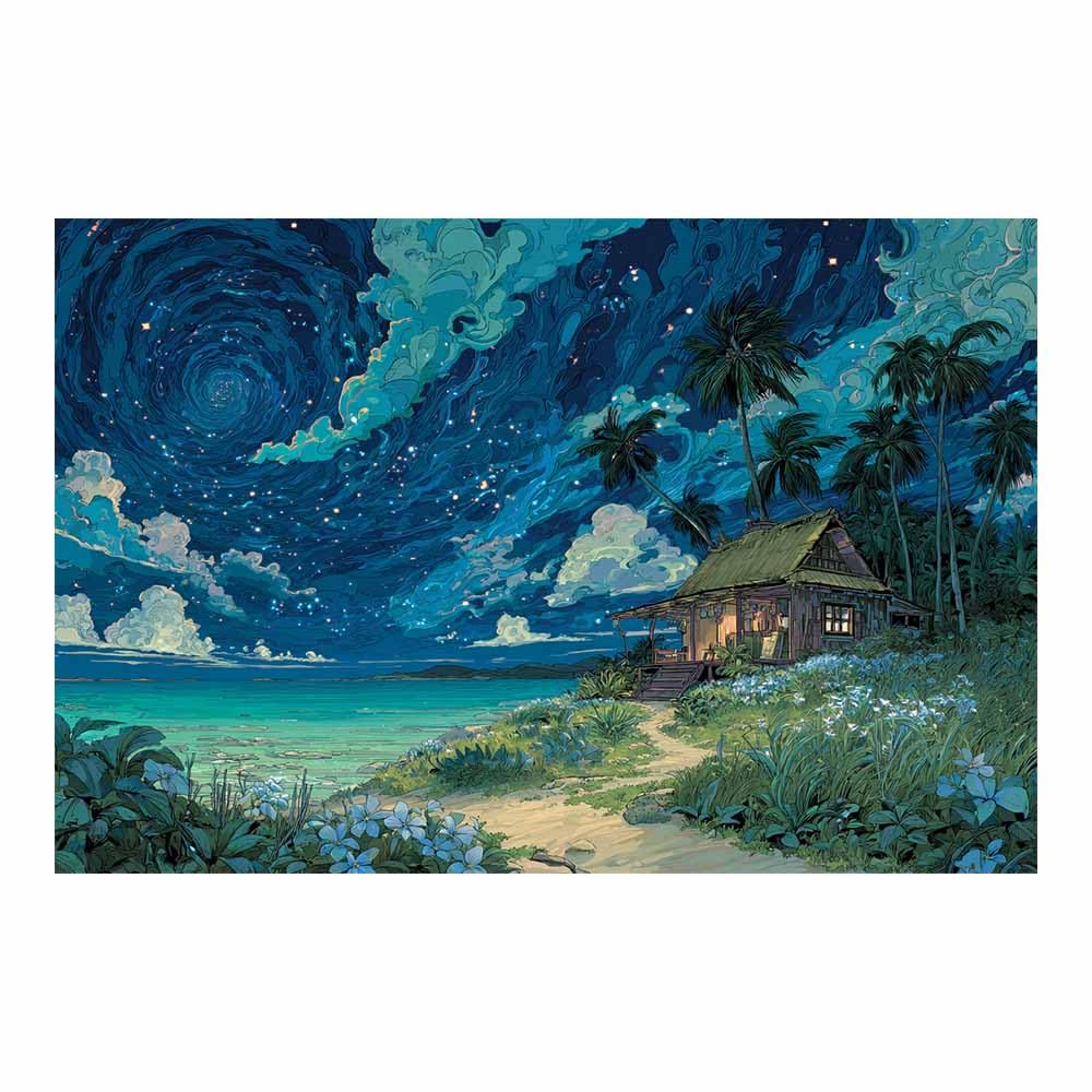 HOQIU Natural scenery wall art Tropical Starry Hut decorative painting, wall art, for Living Room Bathroom Bedroom Kitchen Decoration.(Multicolor)-40x60cm Unframed