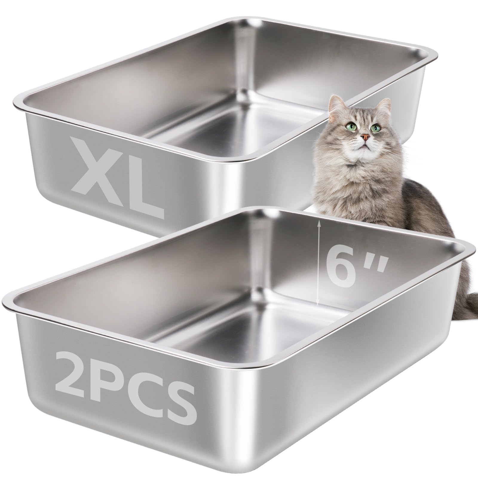 EGMEHOAD Stainless Steel Litter Box 2 Pack-XLarge Metal Litter Box-High Sided Cat LitterBox for Adult Big Cats, Stainless Steel Cat LitterBoxe 6IN