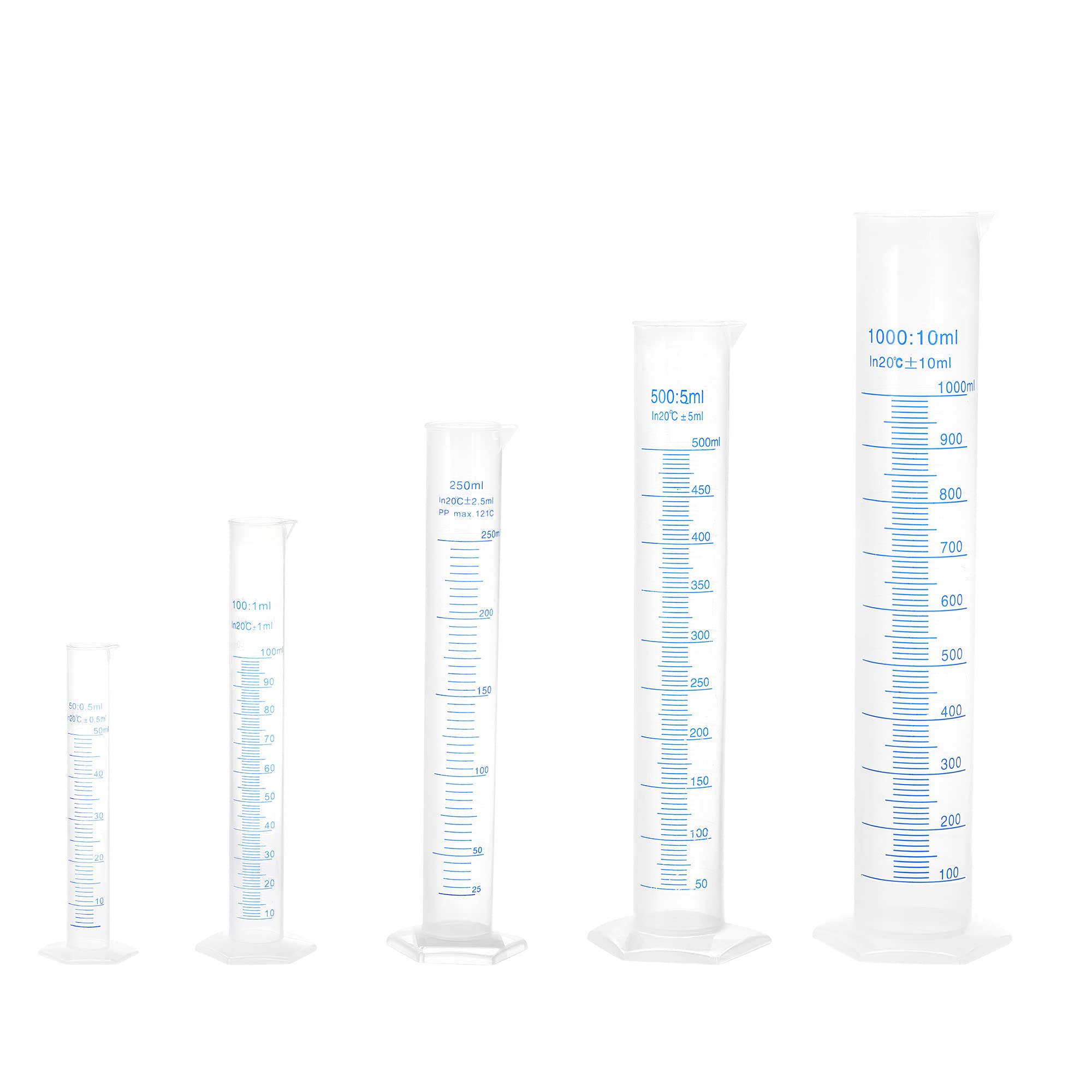 sourcing map Plástico Graduado Cilindro, 50ml 100ml 250ml 500ml 1000ml Medición Cilindro, Doble Cara Métrico Marcado, Transparente Hexagonal Base, 5 En 1 Juego