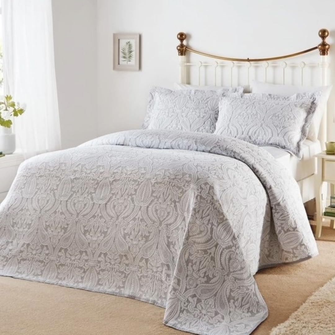 Snugglemore Grey & White Bella Brocade Jacquard Cotton Rich Matelasse Bedspread - Matching Pillowshams Also Available (Double)
