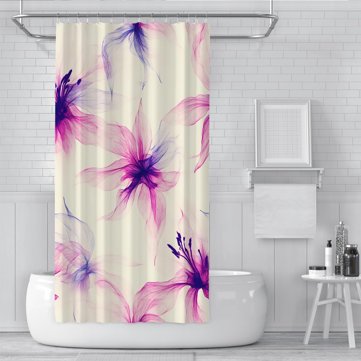 Cortina de Ducha Purple Lily Acuarela Decoración Floral de baño Cortinas abstractas de baño con Ganchos Tela Impermeable de poliéster Extra Larga W180xL220 cm