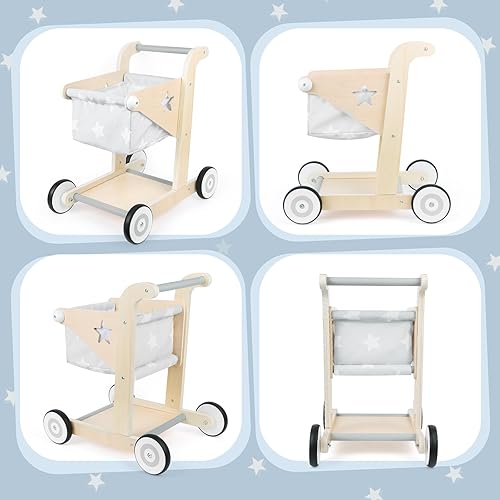 Miniatura 6 de Asweets Cochecito de madera para bebés 2 en 1, para empujar y jalar, carrito de compras, caminante de aprendizaje para niños y niñas, juguete de