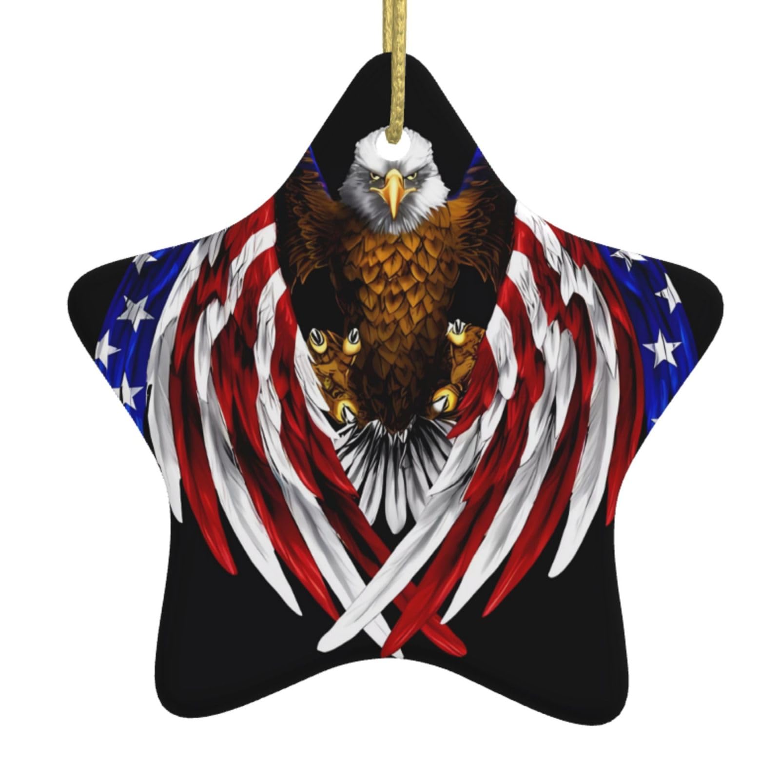 USA Flag Patriotic Eagle Christmas Ceramic Star Pendant with Punched Holes and Gold Wire Rope, Christmas Tree Home Decoration