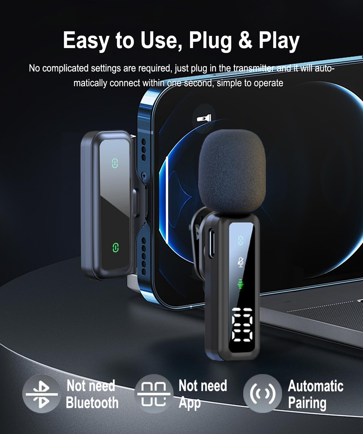 Micro Cravate Sans Fil - Microphone Sans Fil à pince compatible iPhone/Android/Ordinateur, Mini Micro avec suppression du bruit, compatible streaming en direct, vlogging, YouTube, TikTok et interviews