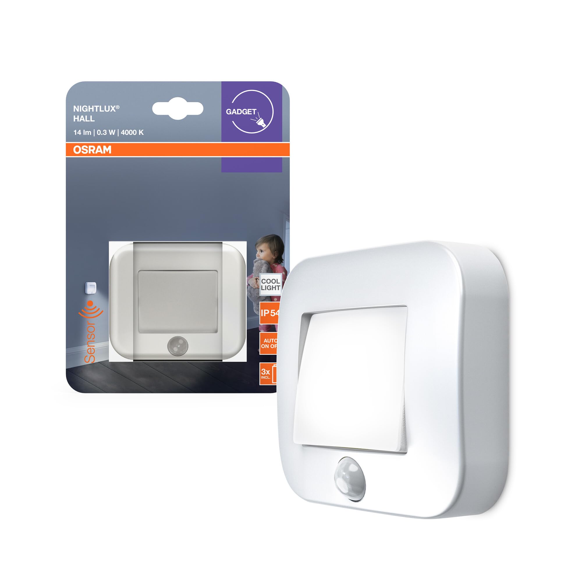 Osram NIGHTLUX Hall Nachtlicht, Weiß, Bewegungssensor, IP54, batteriebetrieben, 4000 K kaltweiß, ideal für Flure, Eingänge und flexible Montage