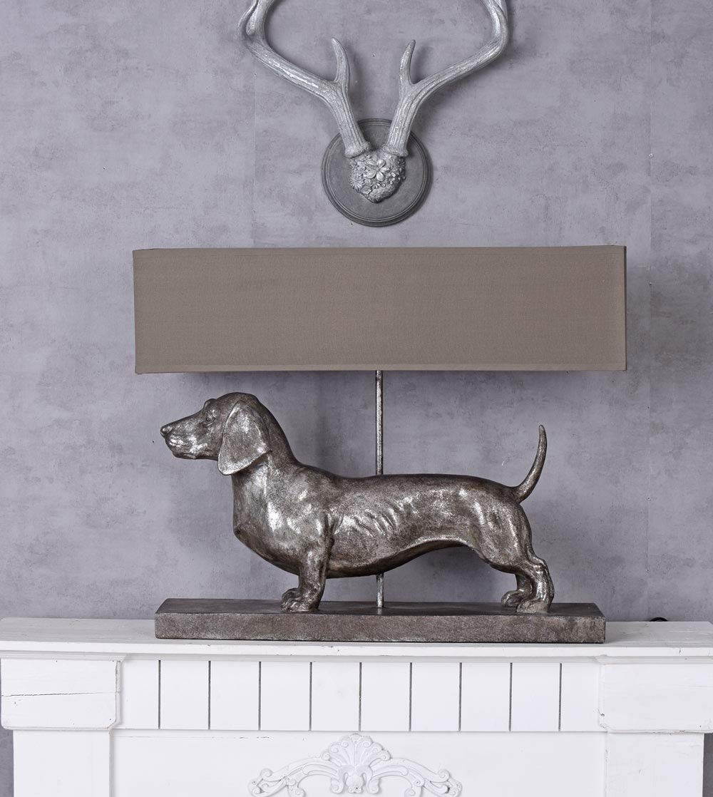 Tischlampe XXL Dackel Leuchte Hund 60cm Lampe Hundefigur Nachttischlampe Hundelampe cw195 Palazzo Exklusiv „VILLA CHARLY“ – Silber Dachshund mit Stoffschirm im englischen Stil