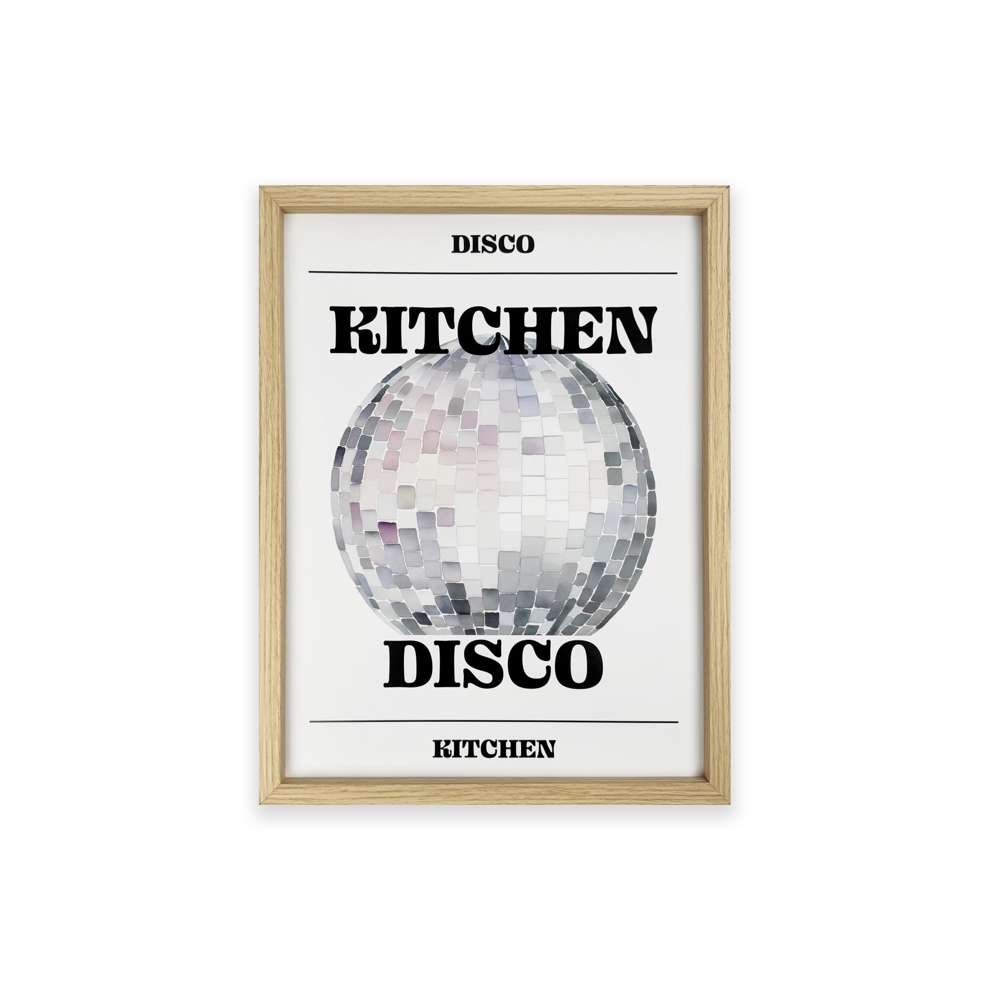 pf+a REAL GLASS Kitchen Disco Print, Framed Wall Art with Disco Ball Design, Light Oak Effect Wooden Frame, 30x40cm