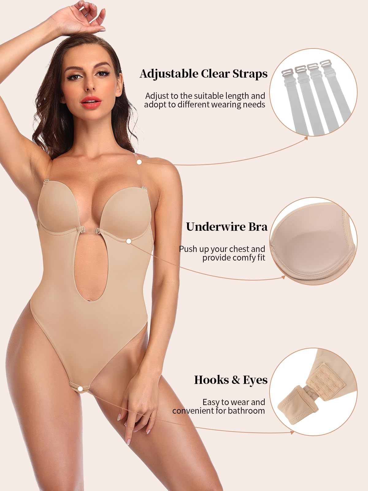 SHAPERIN Damen Rückenfreier Bodysuit Tiefer V-Ausschnitt Body Shaper Bauchweg Formender Body String Shapewear mit Push Up BH