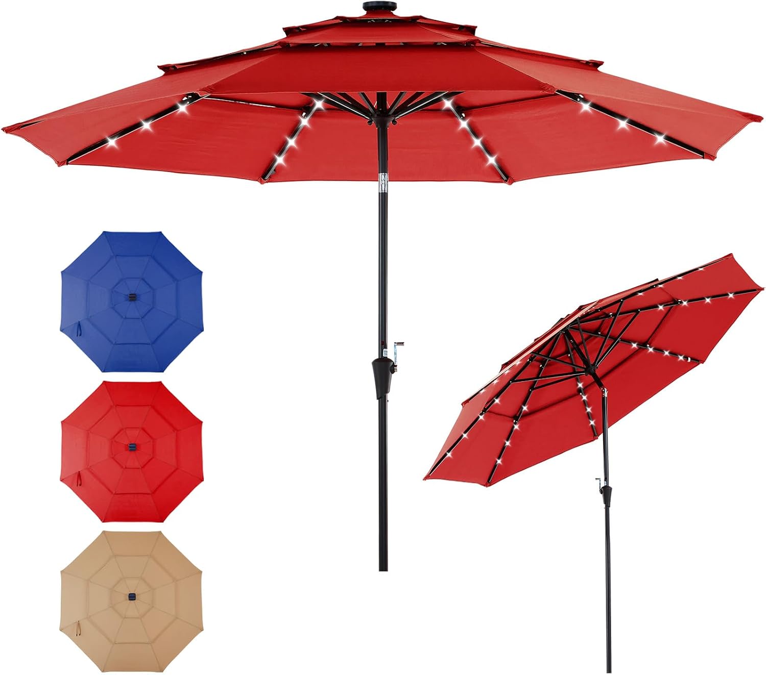 DUMOS 10FT 3 Tier Outdoor Patio Umbrella, Patio Umbrella with 32 LED Lights and Crank, Table Umbrellas 8 Sturdy Ribs for Pool, Market, Terrace, Beach, Outdoor Restaurant, Red