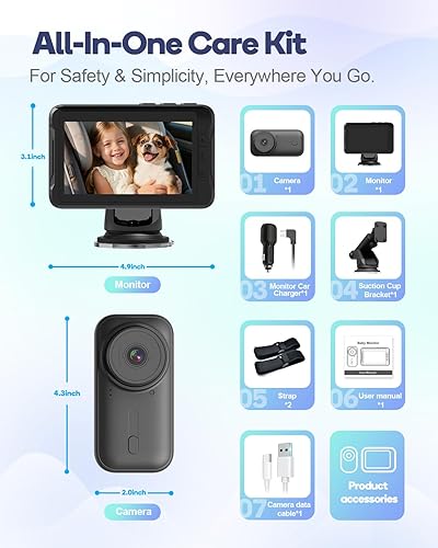 Miniatura 7 de Cámara inalámbrica para automóvil para bebé, monitor de bebé para automóvil, no necesita Wi-Fi, visión nocturna automática, lente ajustable de corte