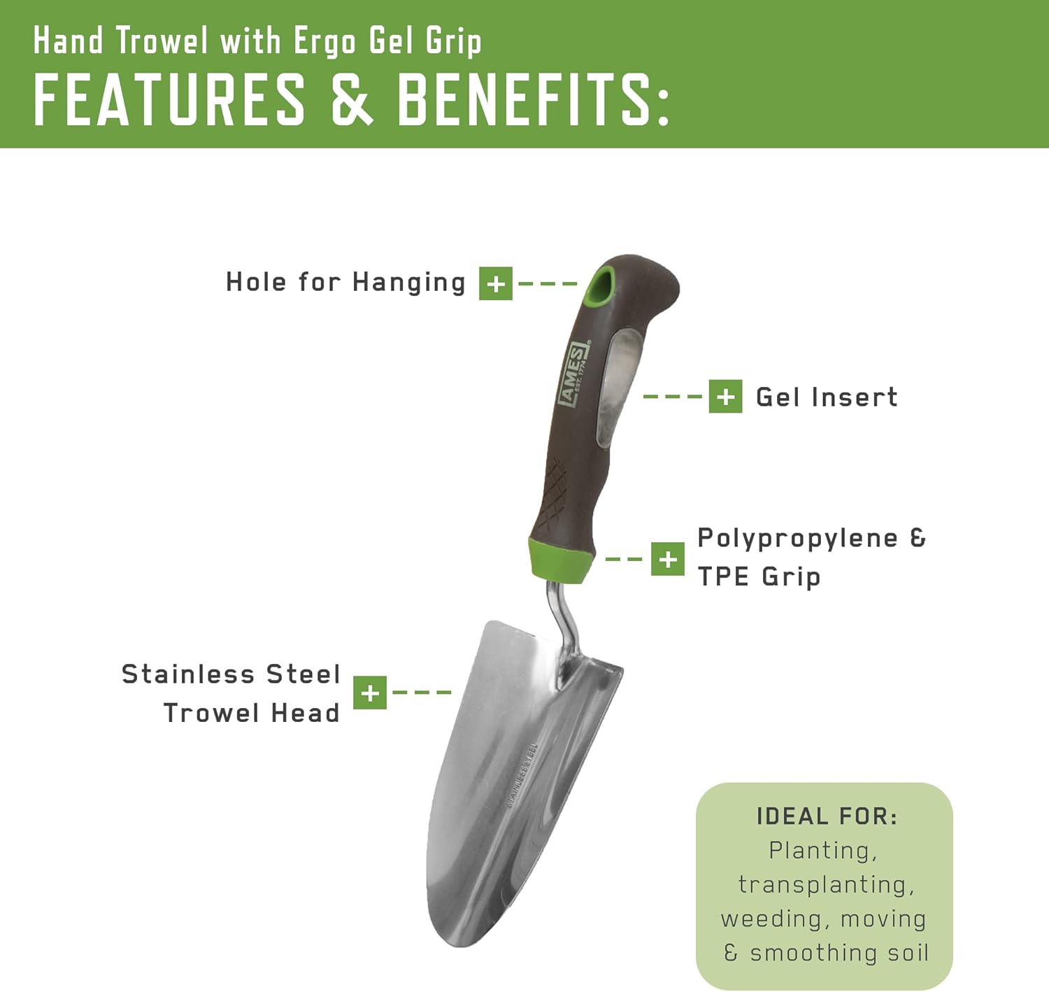 AMES 24450009 3-pc. Ergo Gel Grip Garden Tool Set with Hand Trowel, Transplanter & Cultivator