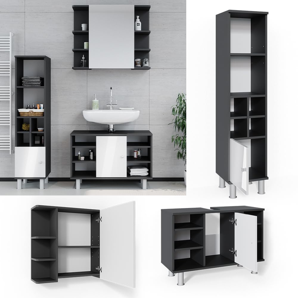 Vicco Badmöbel-Set Fynn, Anthrazit, 60 cm, besteht aus Waschbeckenunterschrank, Spiegelschrank und Hochschrank