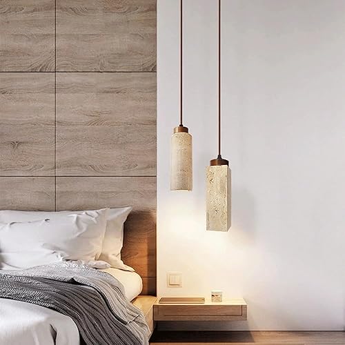 Miniatura 3 de Japanese Style Stone Pendant Light Fixture Yellow Travertine Hanging Lamp with Wood Finish Mini Cylinder Pendant Lighting for Kitchen Island Tubo