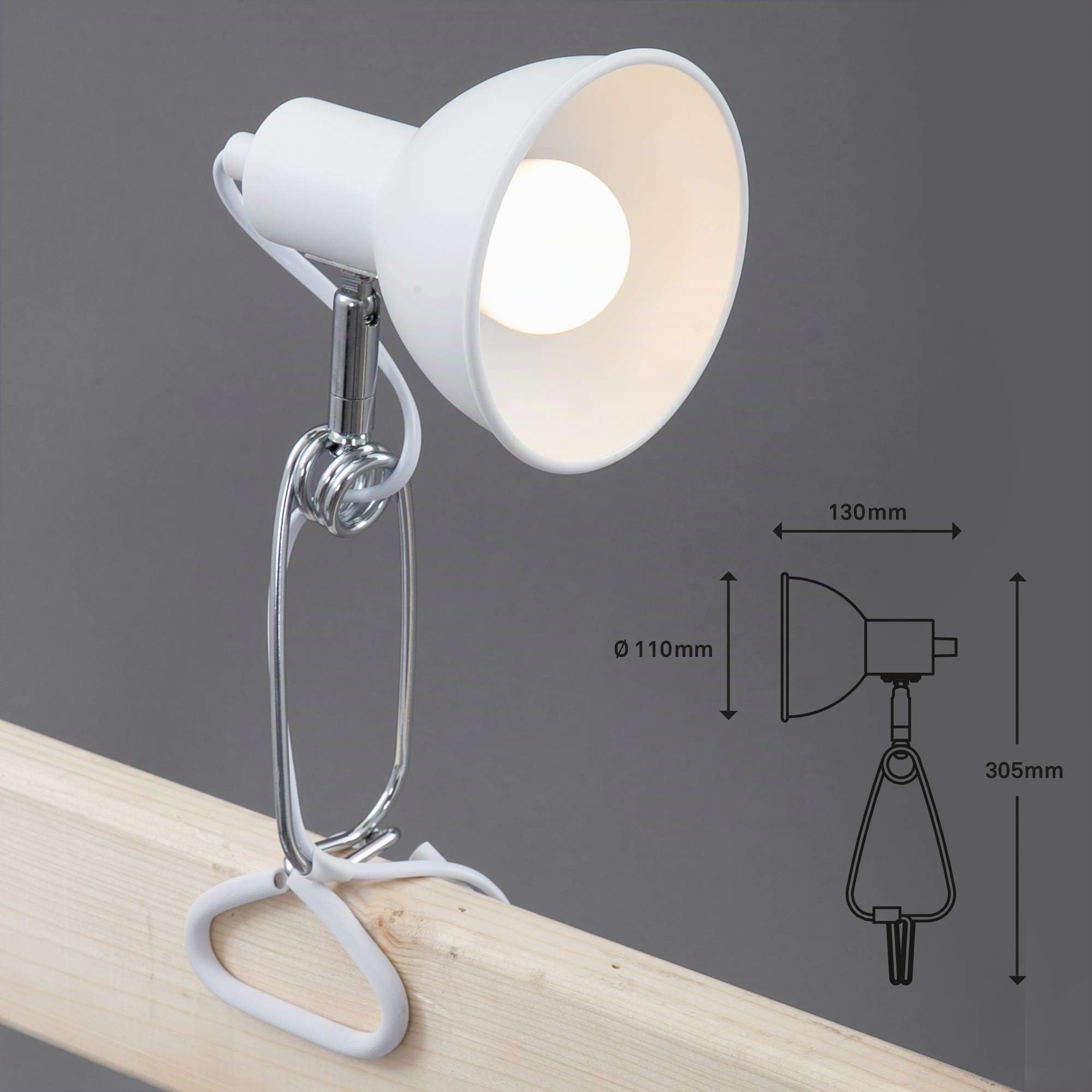 BRILONER - Lampe à pince, lampe desing et fonctionelle, 1x E14, max. 8 Watt, incl. interrupteur à câble, tête de projecteur rotative et pivotante, métal, blanc-chrome, 305x110x130mm