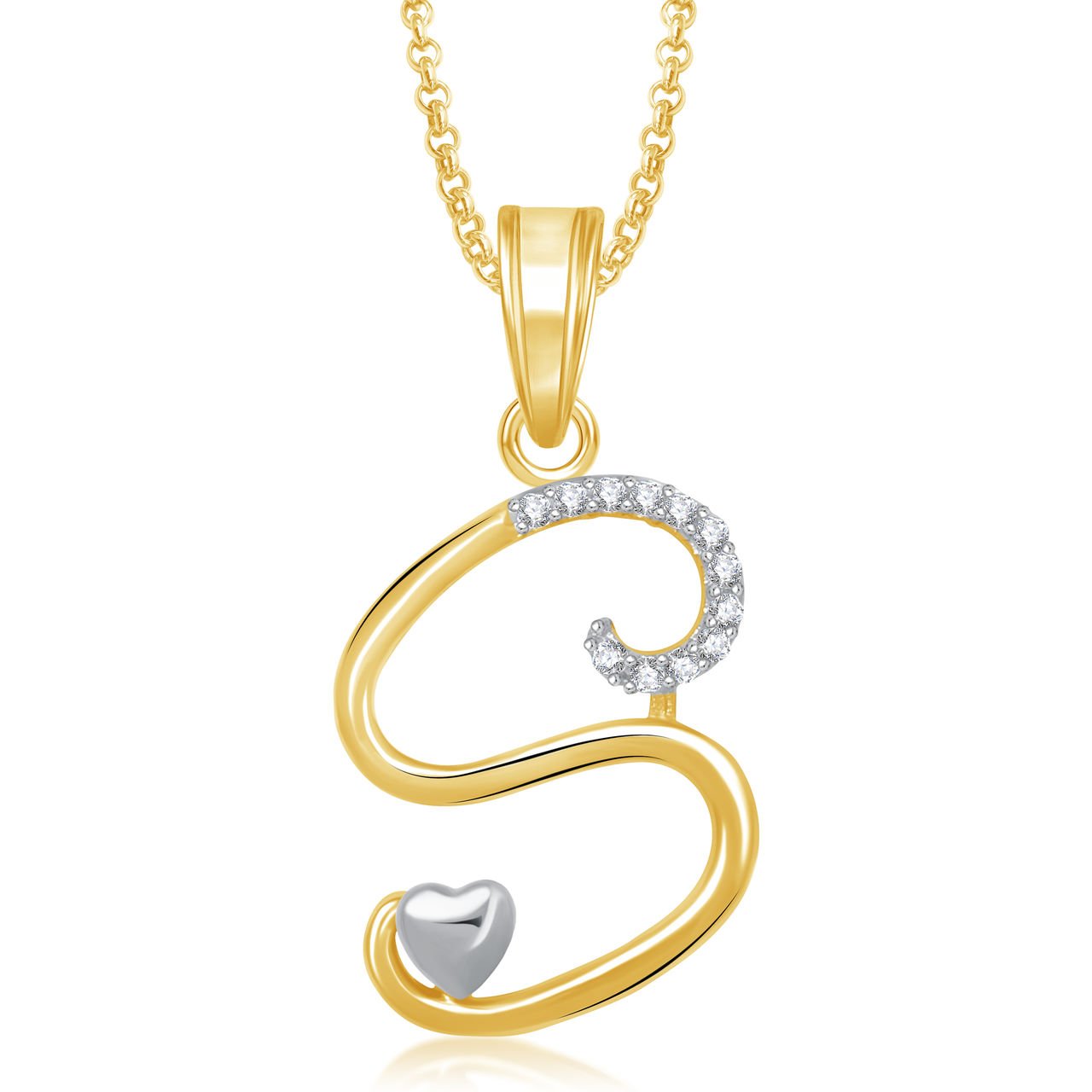 Stylish Jewellery Gold Plated 'S' Letter Locket Alphabet Heart Pendant for Unisex Adult in American Diamond Crystal Jewellery Set for Women - Chain Pendant 326 (Gold)