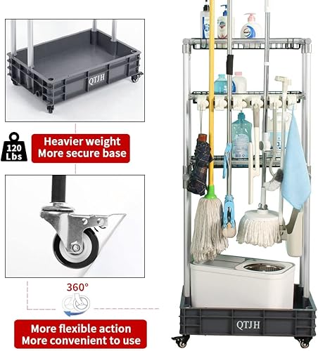 Miniatura 5 de Estante de almacenamiento Soporte para fregona escoba Sostenga sus suministros de limpieza Carrito de limpieza Organizador de acero Estante de