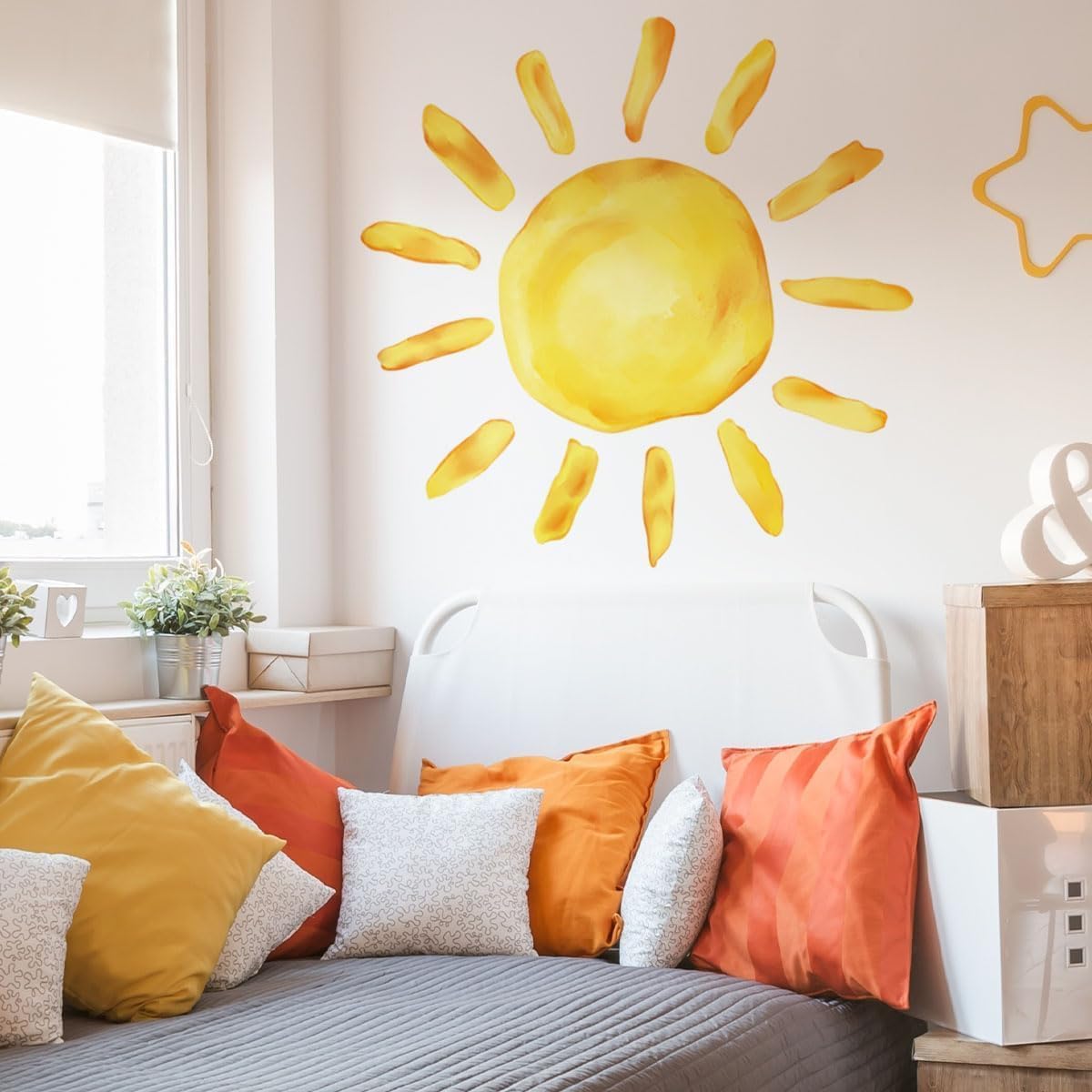 23.23x22.44 Inches Watercolor Boho Sun Wall Decals Yellow Sun Wall Stickers Removable Sunshine Art Decor for Baby Nursery Classroom Playroom Bedroom Kindergarten Wall Decor
