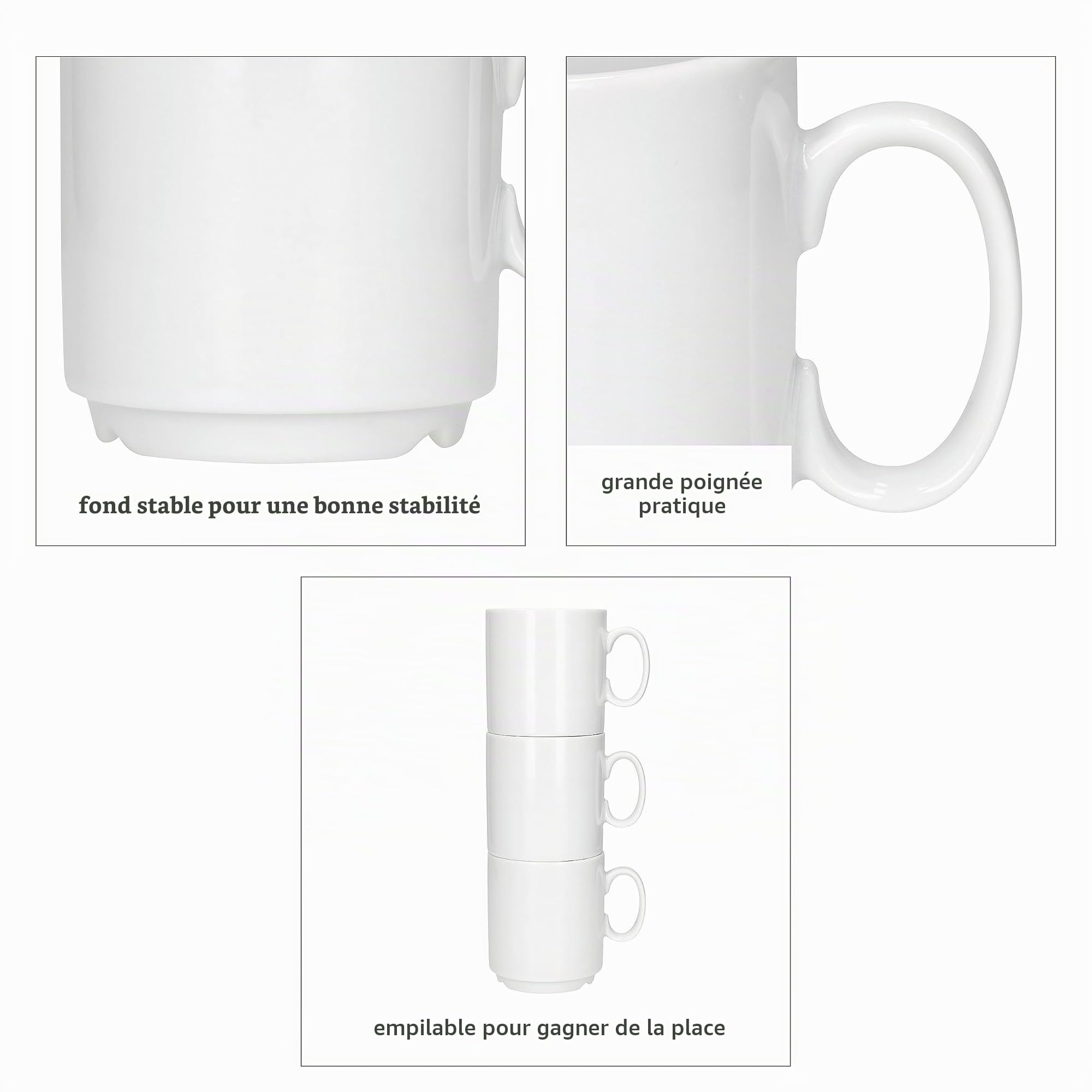 MamboCat Event Lot de 12 tasses à café I 250 ml en porcelaine blanche avec anse pour 12 personnes I Tasses empilables pour boissons chaudes comme le thé, le cacao, le latte macchiato, etc. I Vaisselle