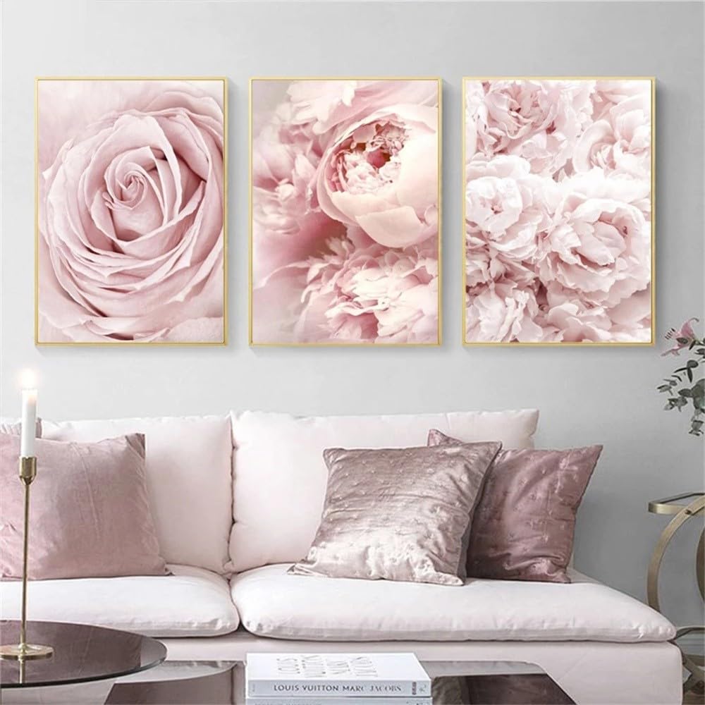 WBYZAC Botanical Posters-Pink flower peony petals nordic posters and wall prints canvas painting landscape wall pictures for living bedroom kitchen room decoration-60 * 70cm*3PCS (No Frame)