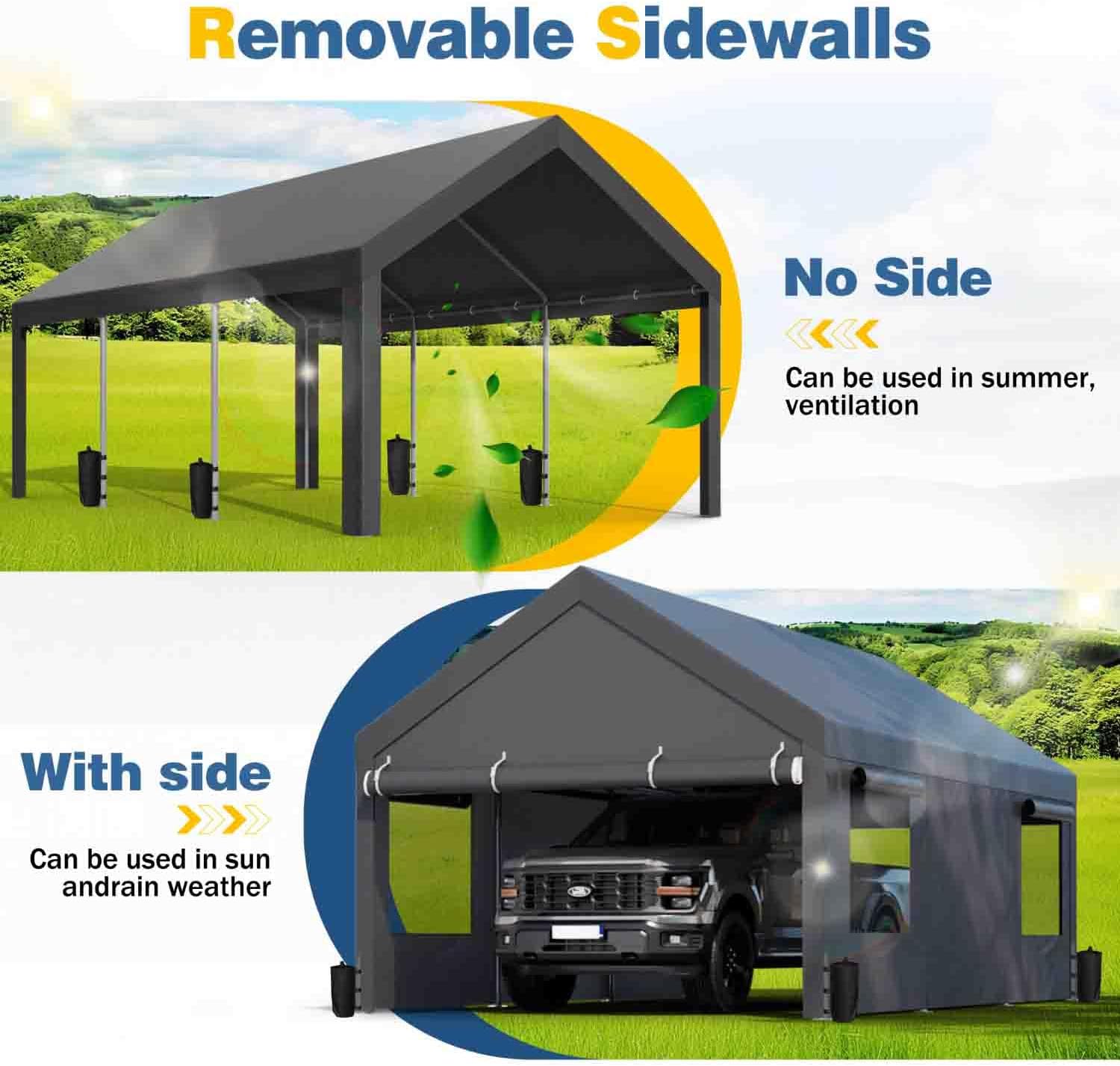 JAMFLY 12x20 ft Carport, Heavy Duty Carport with Roll-up Windows, Portable Garage with Removable Sidewalls & Doors, Car Canopy with Sandbags and All-Season Tarp for Car, Truck, Boat, Motorcycle, Grey