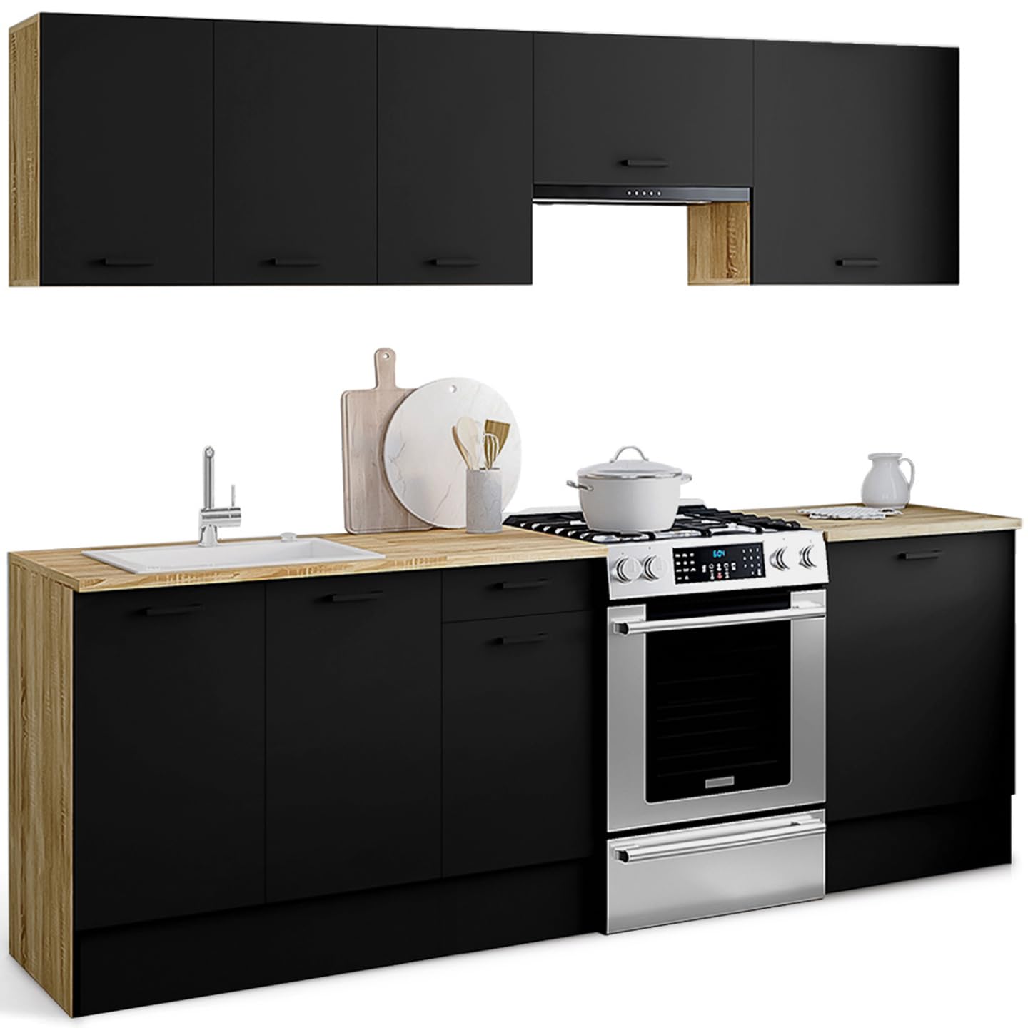 IDMarket - Cuisine complète 240 cm Subtil avec Plan de Travail 7 éléments Bois et Noir