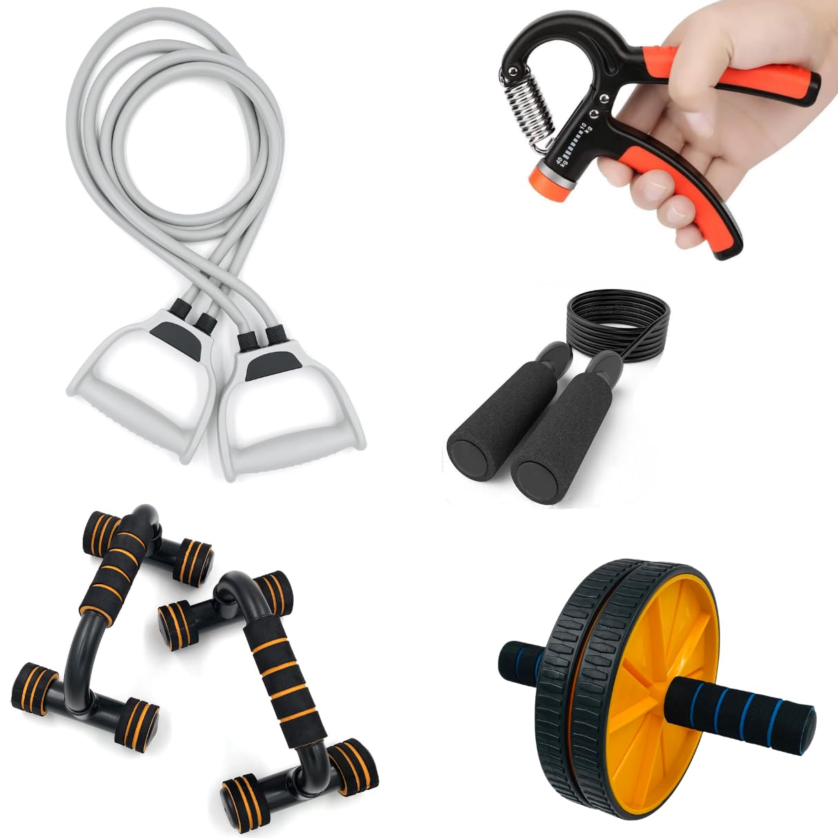 Livox Gym Exercise Equipment Home Workout Combo Set for Men and Women (R-Hand Gripper, Skipping Rope, Pushup Stand, Abs Wheel Roller,Toning Resistance Band) - Pack of 5-image-43