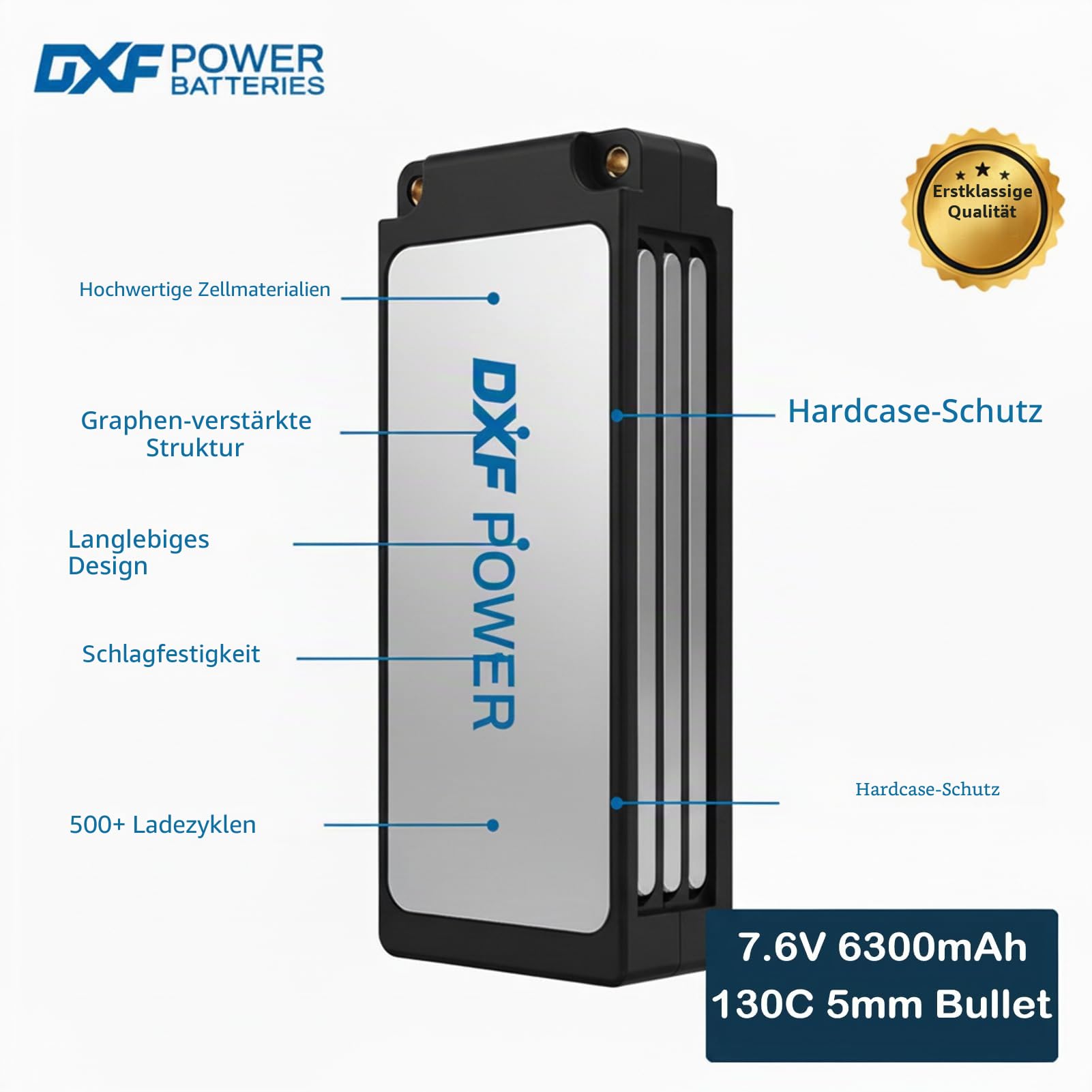 DXF 2 Packungen 2S LIPO AKKU 7.6V 6300mAh 140C LIPO 2S für 1/8 & 1/10 RC-Cars - Losi, HPI, Tamiya, Axial und mehr. lipo akku Kompatibel mit 5MM Deans T-Plug, leistungsstarkes LIPO LIPO AKKU Set