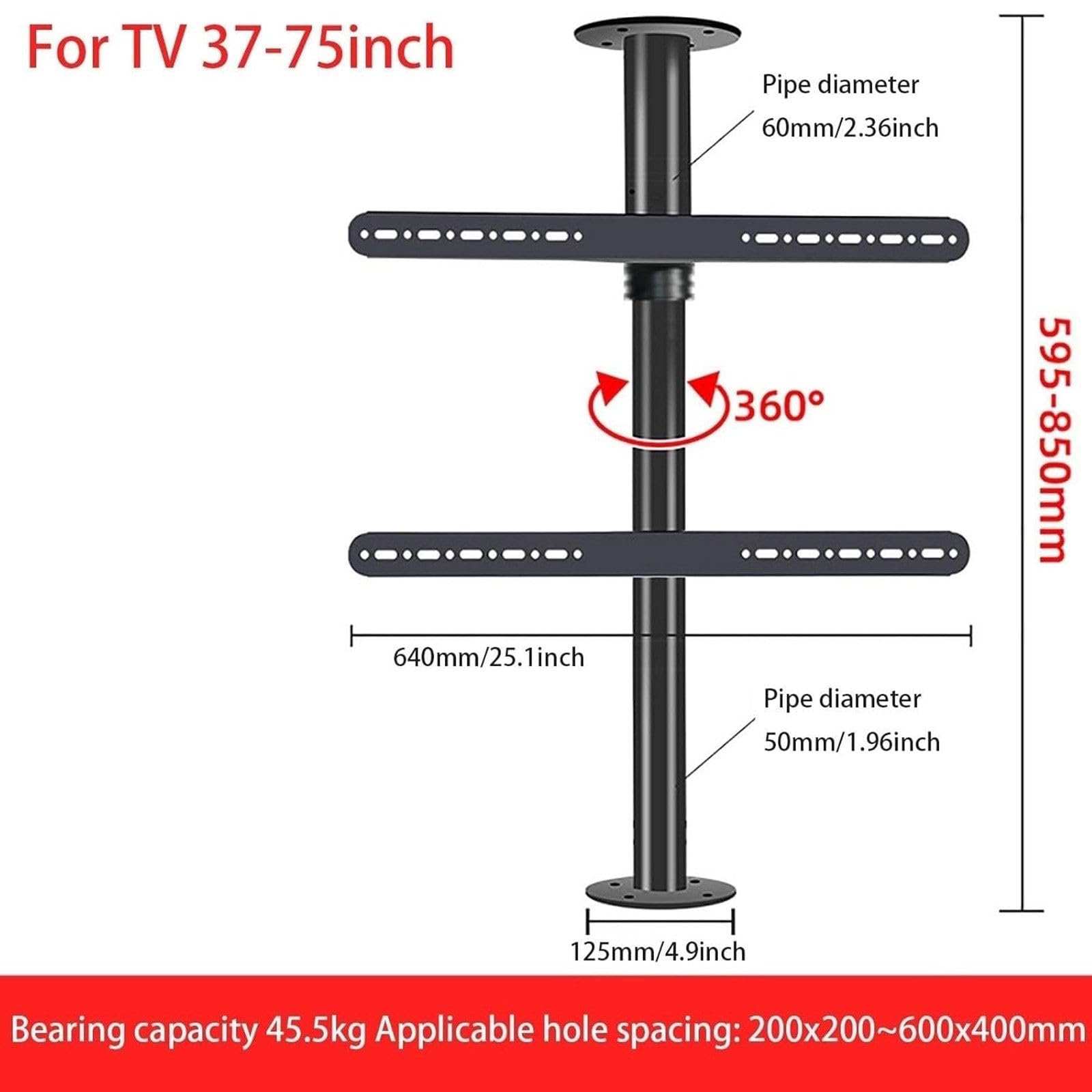Soporte de techo para TV giratorio ajustable de 32 a 75 pulgadas, soporte de exhibición giratorio de 360 grados para pantallas LED LCD, apto para pared, suelo y partición